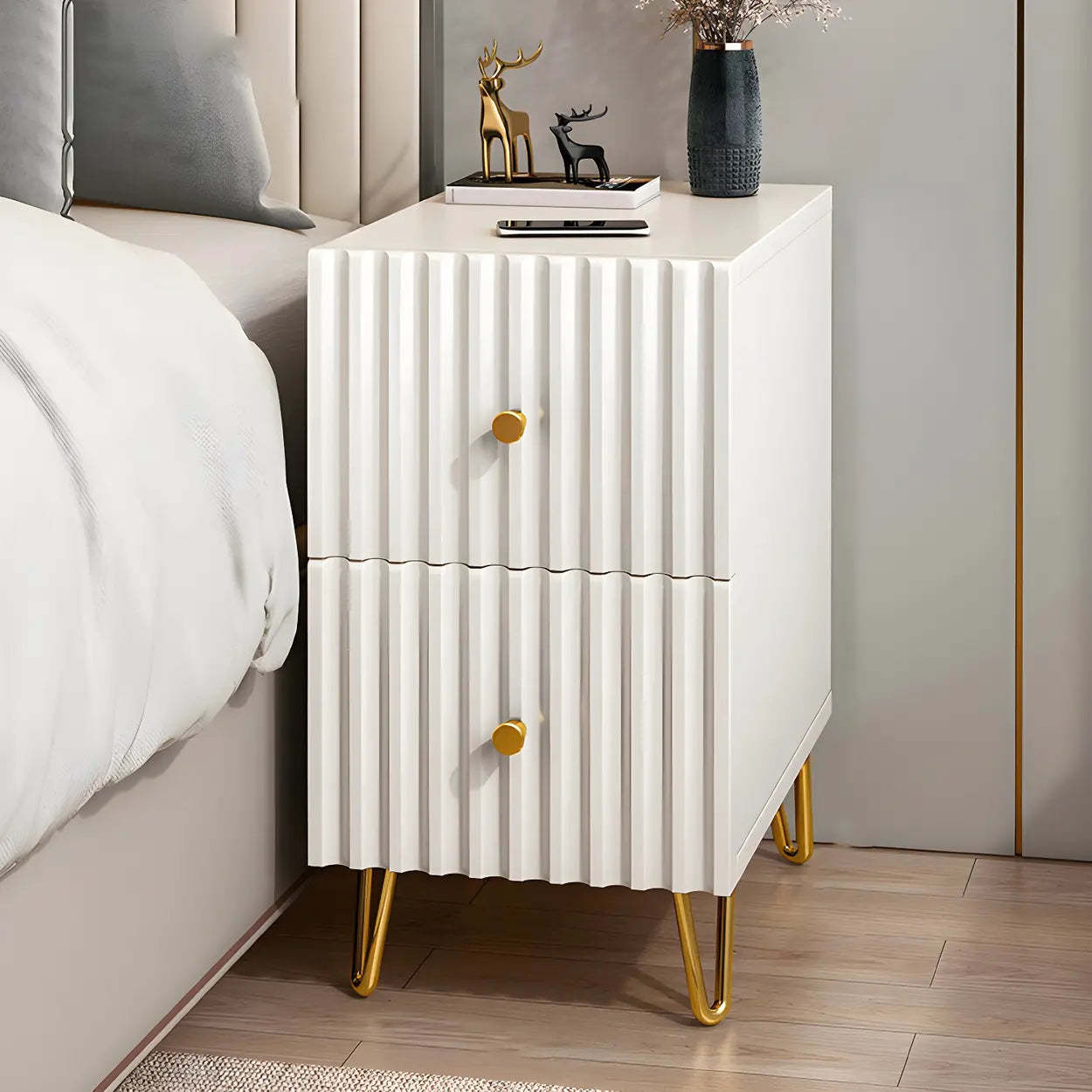 Glam Rectangular White Wood Nightstand with Storage Drawers — 1 Piece