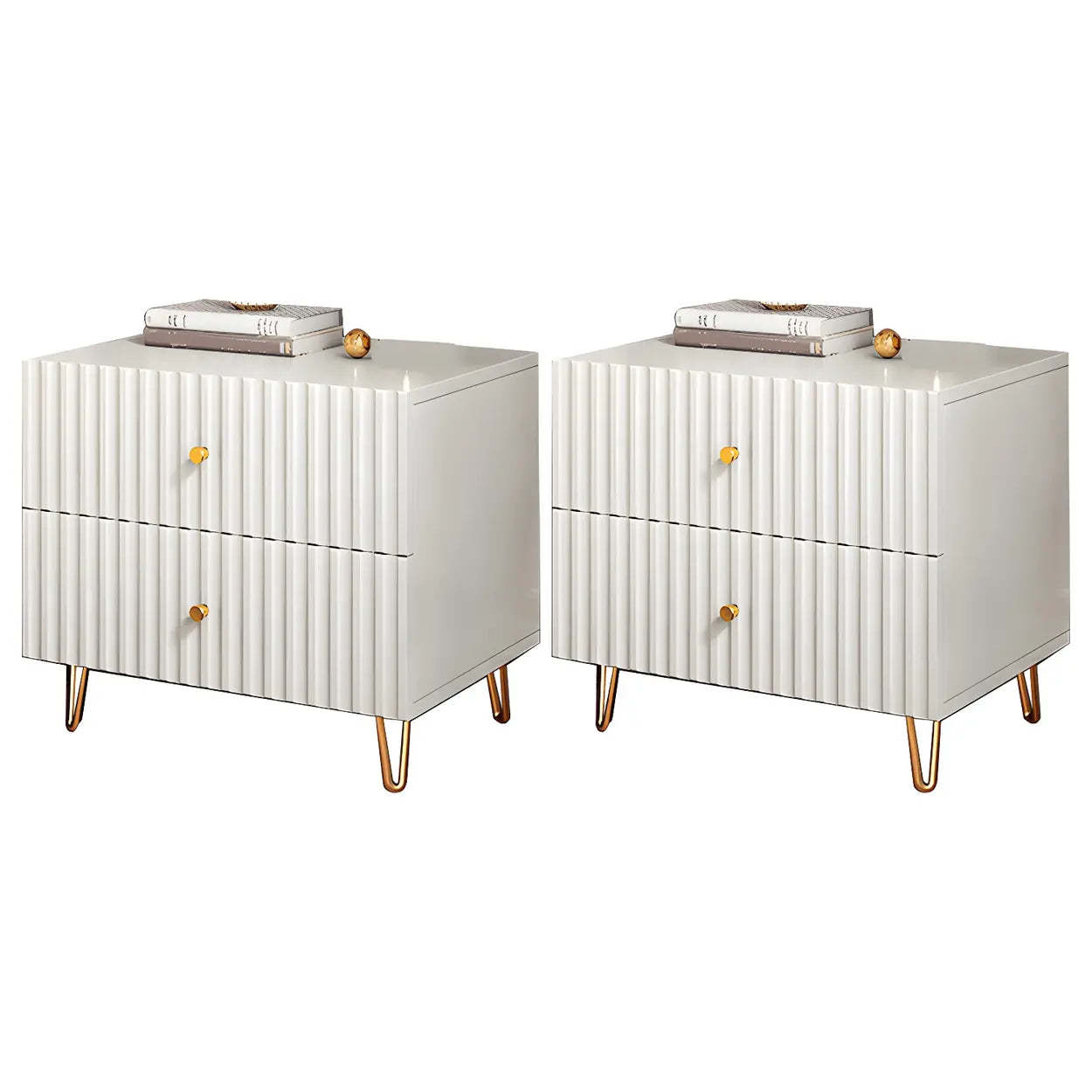 Glam Rectangular White Wood Nightstand with Storage Drawers — 2 Piece Set