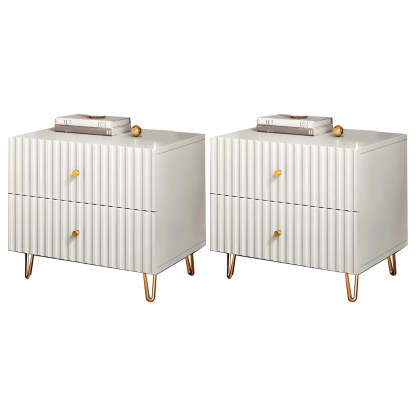 Glam Rectangular White Wood Nightstand with Storage Drawers — 2 Piece Set