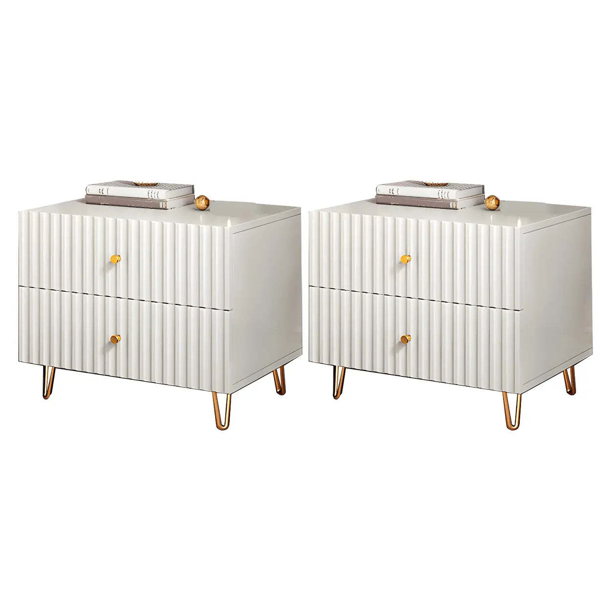 Glam Rectangular White Wood Nightstand with Storage Drawers — 2 Piece Set