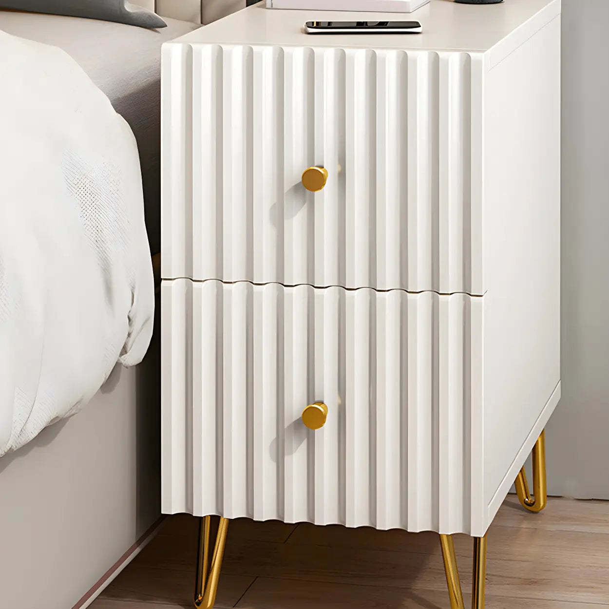 Glam Rectangular White Wood Nightstand with Storage Drawers — 1 Piece