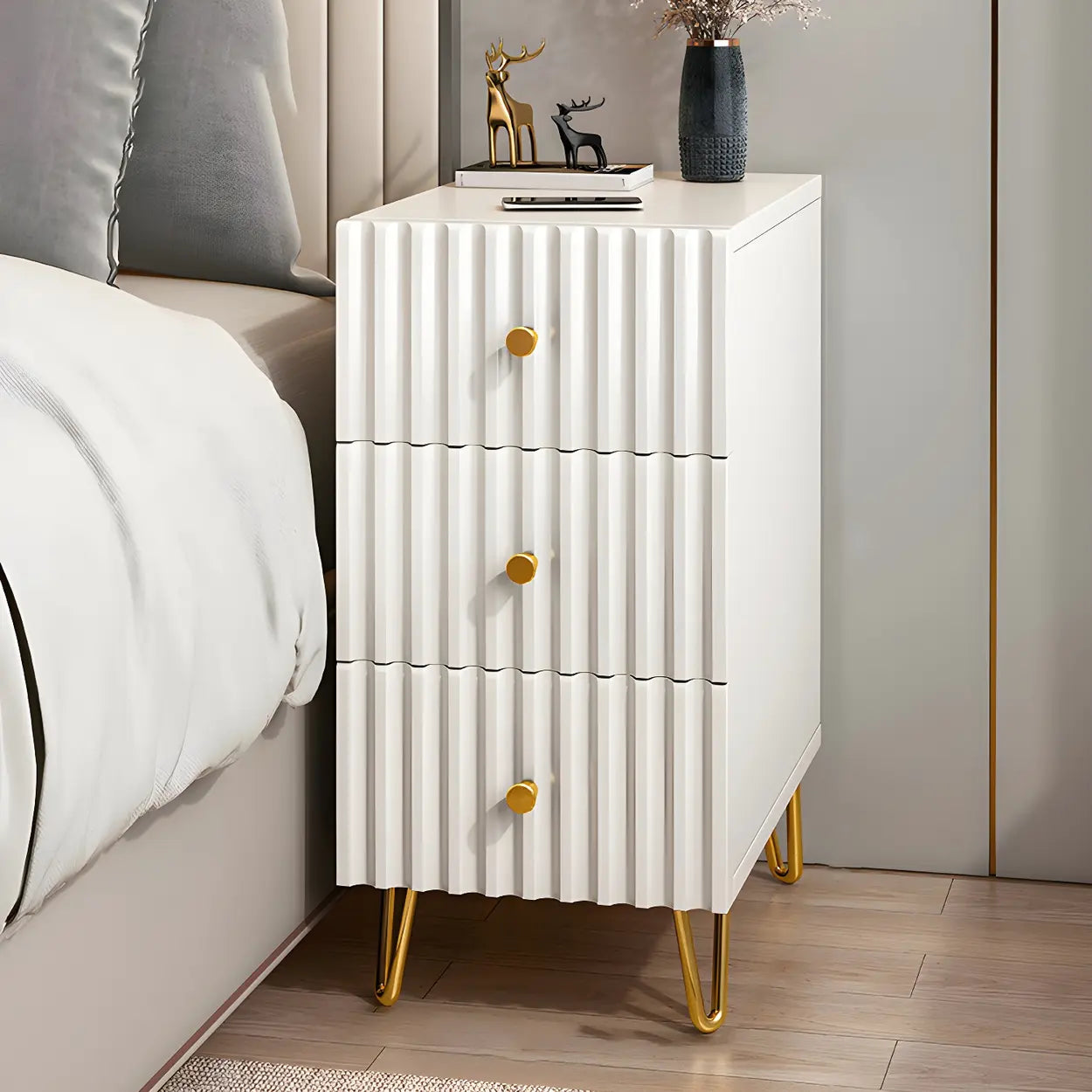 Glam Rectangular White Wood Nightstand with Storage Drawers — 2 Piece Set