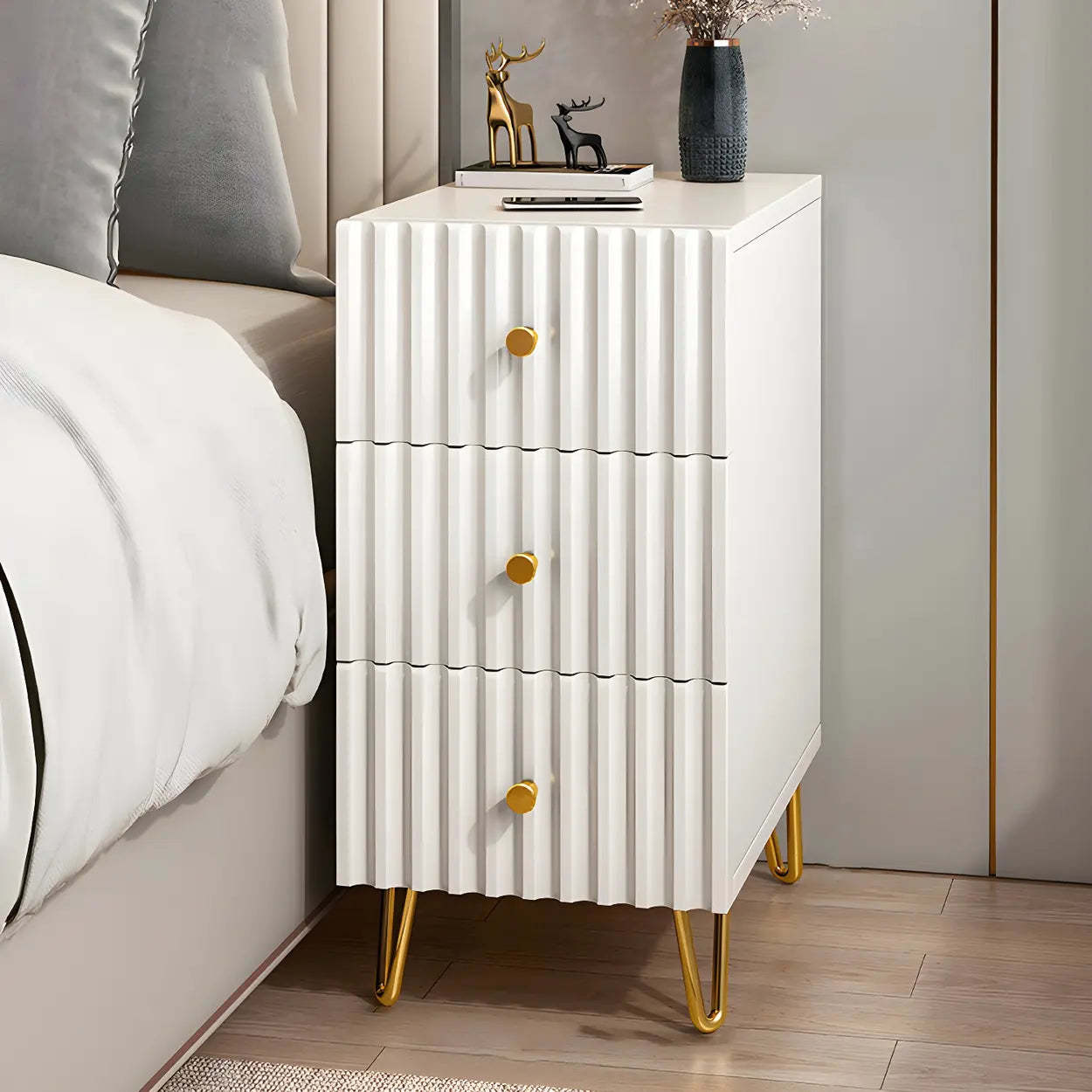 Glam Rectangular White Wood Nightstand with Storage Drawers — 2 Piece Set