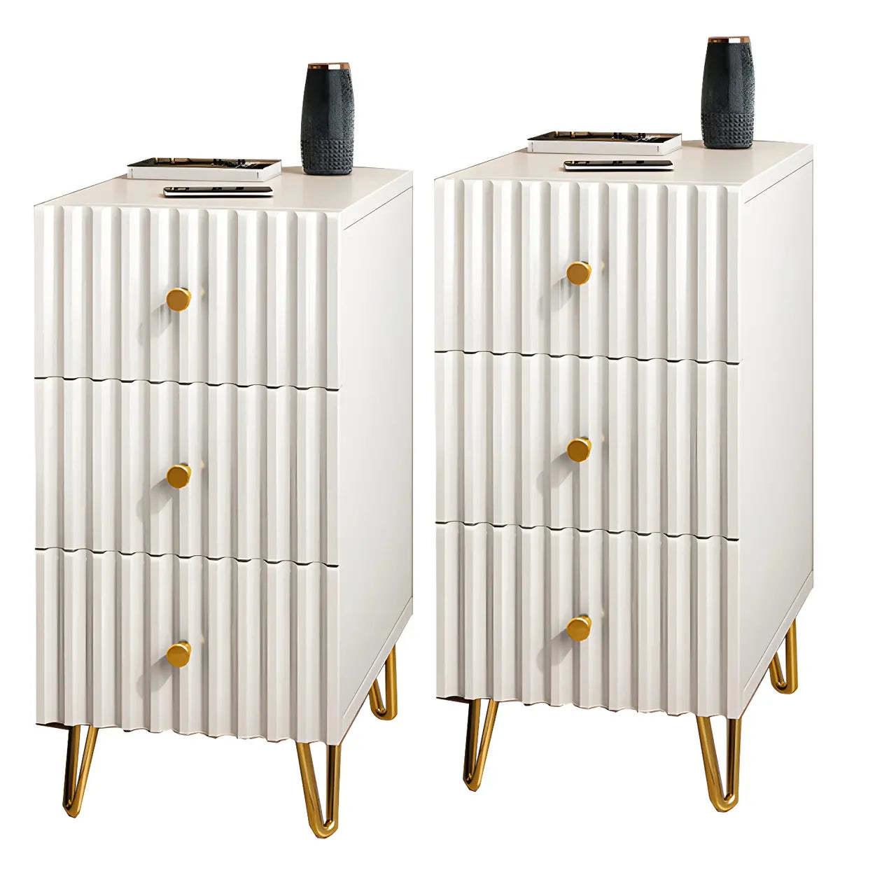 Glam Rectangular White Wood Nightstand with Storage Drawers — 1 Piece