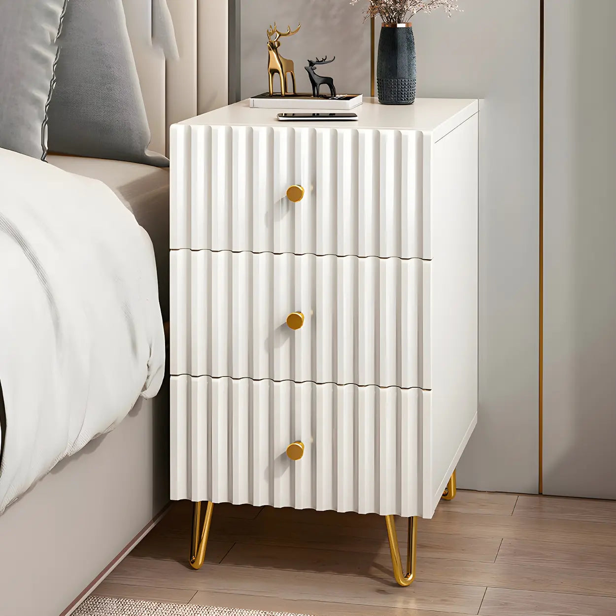 Glam Rectangular White Wood Nightstand with Storage Drawers — 2 Piece Set