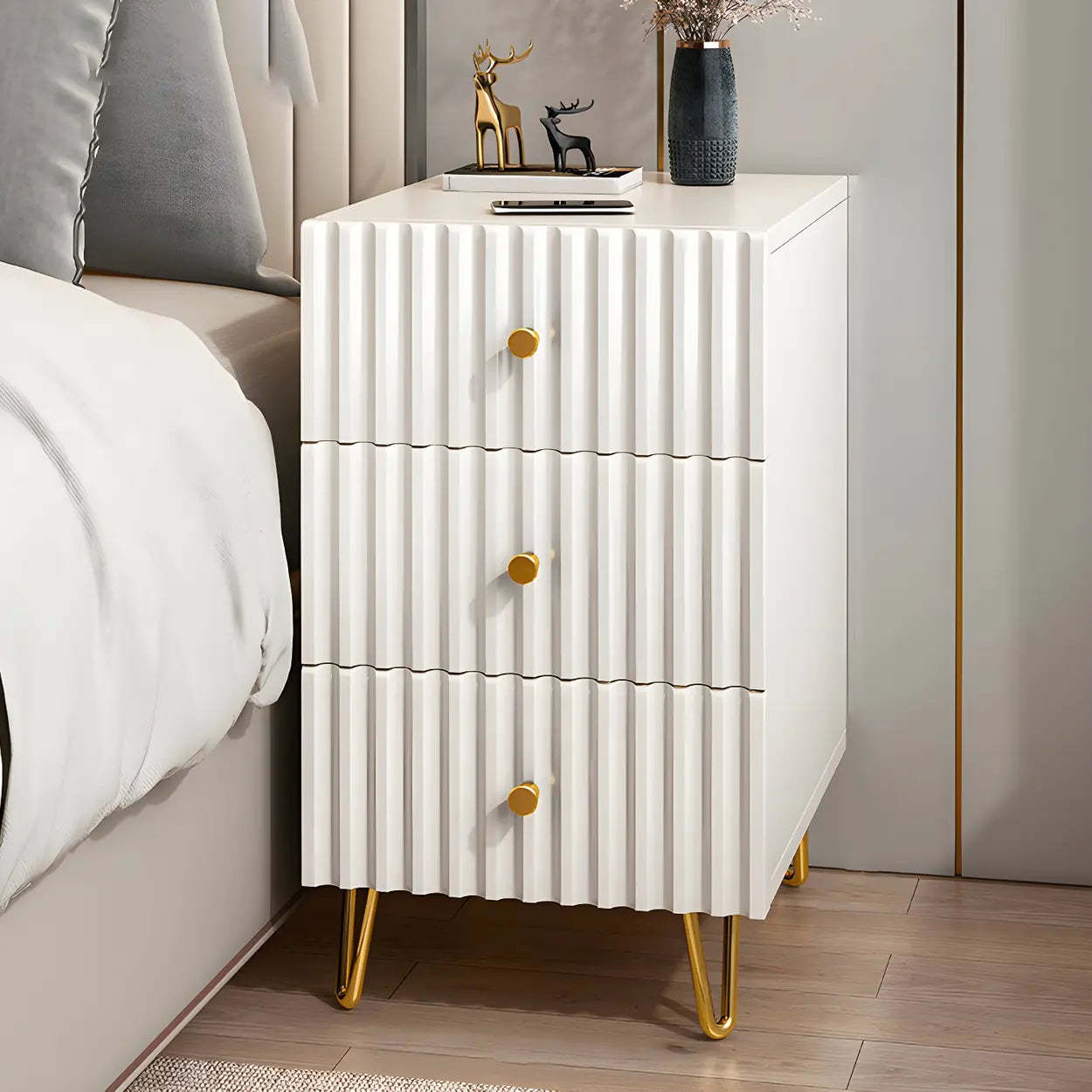 Glam Rectangular White Wood Nightstand with Storage Drawers — 2 Piece Set