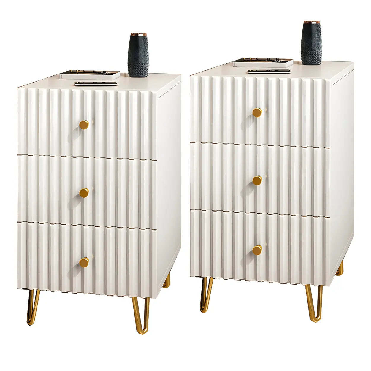 Glam Rectangular White Wood Nightstand with Storage Drawers
