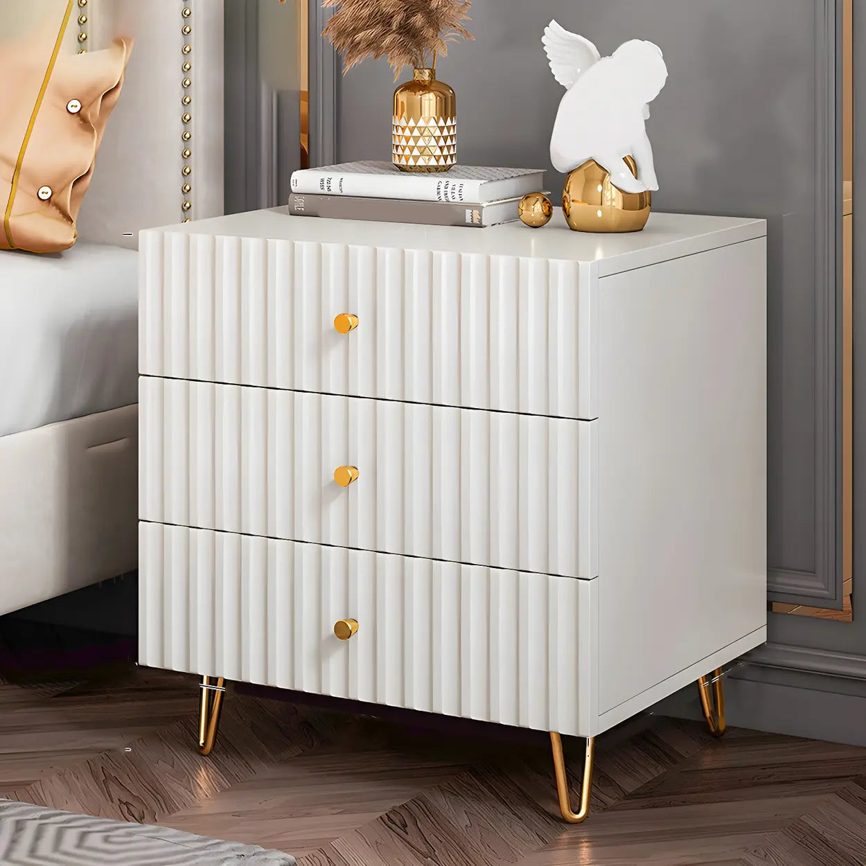 Glam Rectangular White Wood Nightstand with Storage Drawers