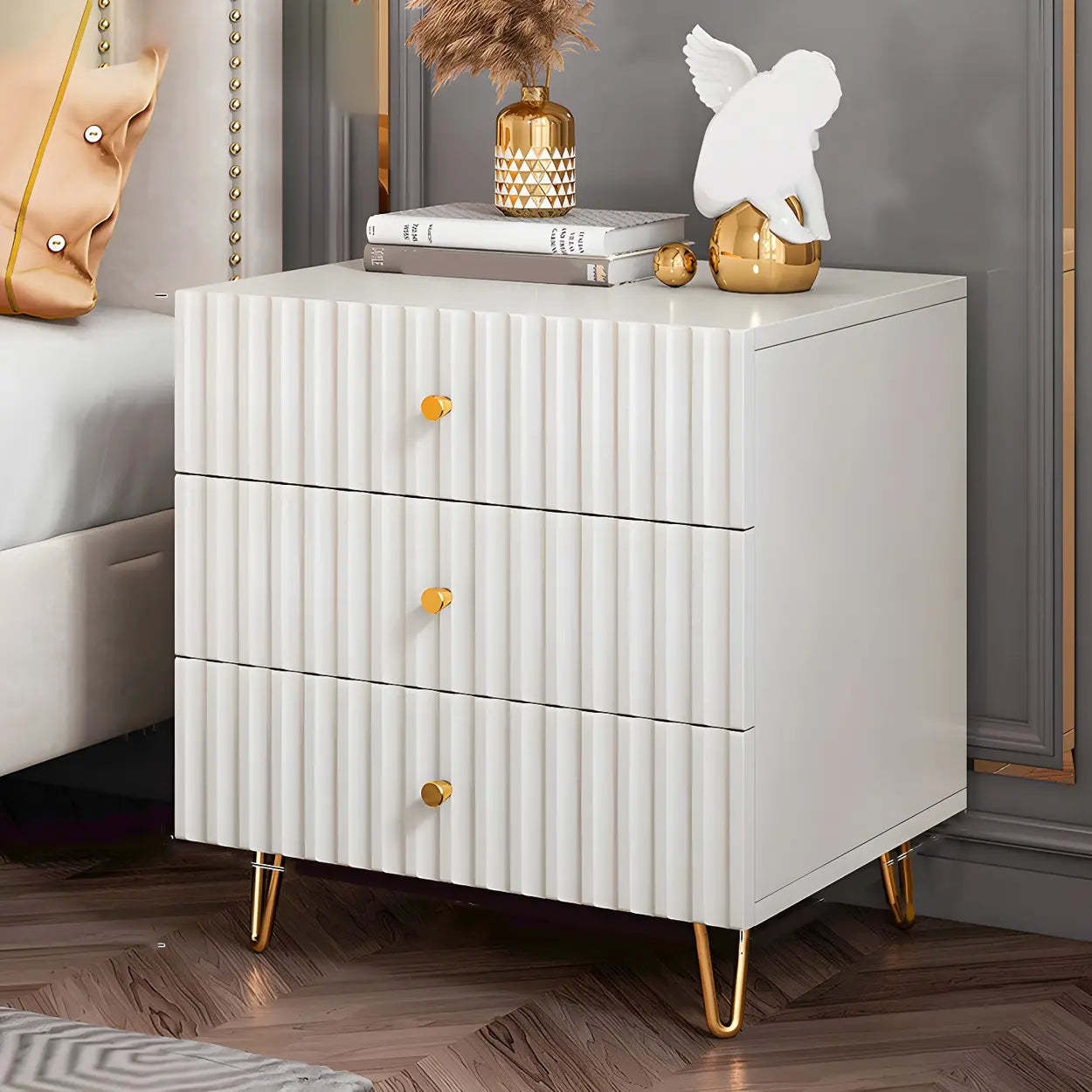 Glam Rectangular White Wood Nightstand with Storage Drawers