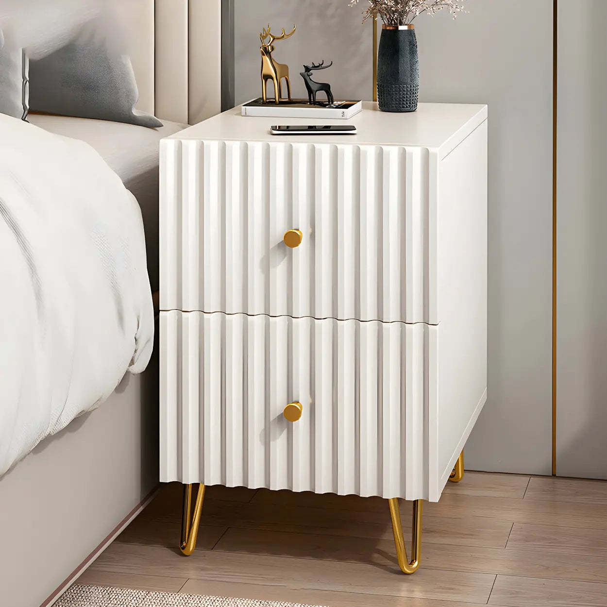 Glam Rectangular White Wood Nightstand with Storage Drawers — 2 Piece Set