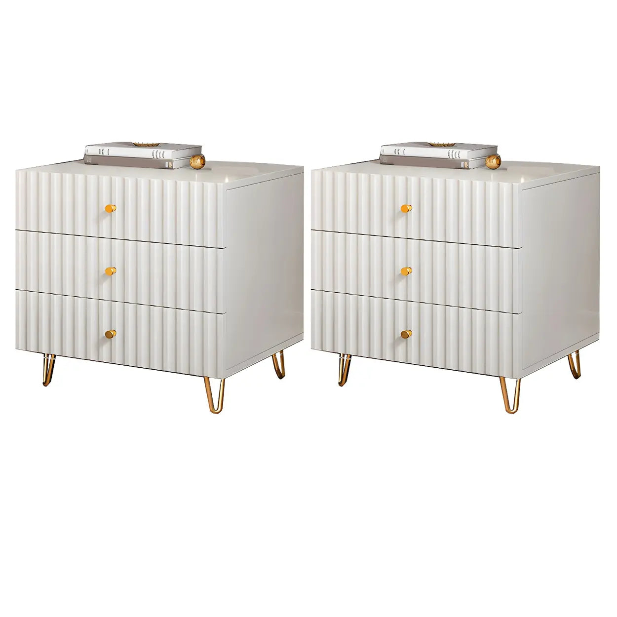Glam Rectangular White Wood Nightstand with Storage Drawers