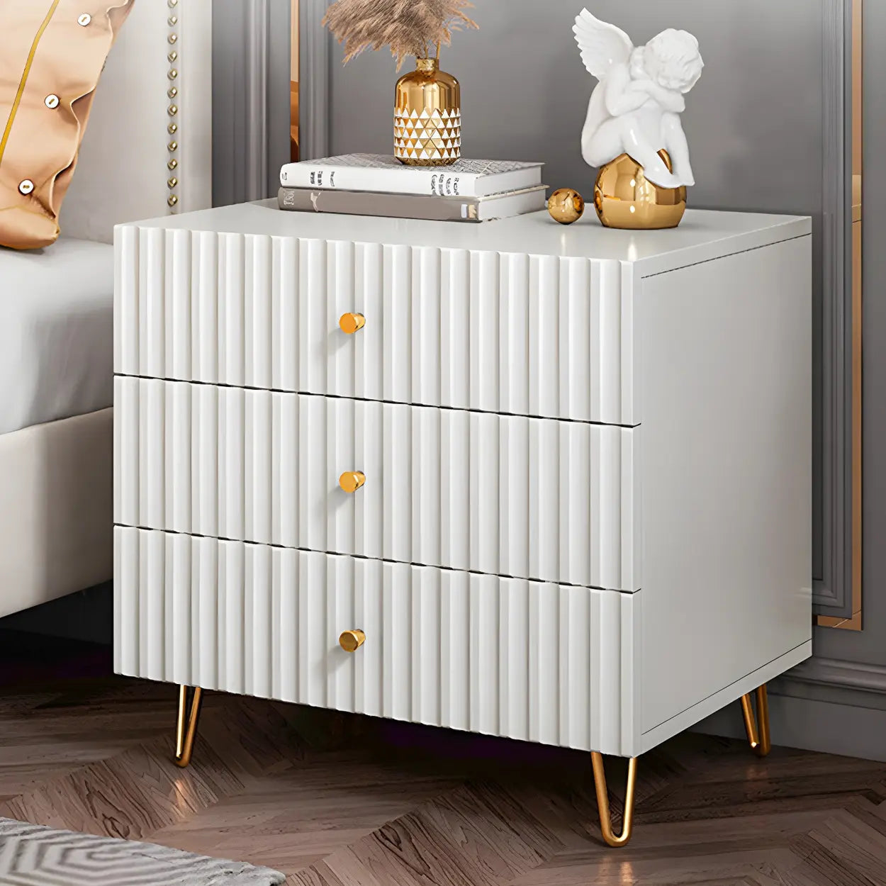 Glam Rectangular White Wood Nightstand with Storage Drawers