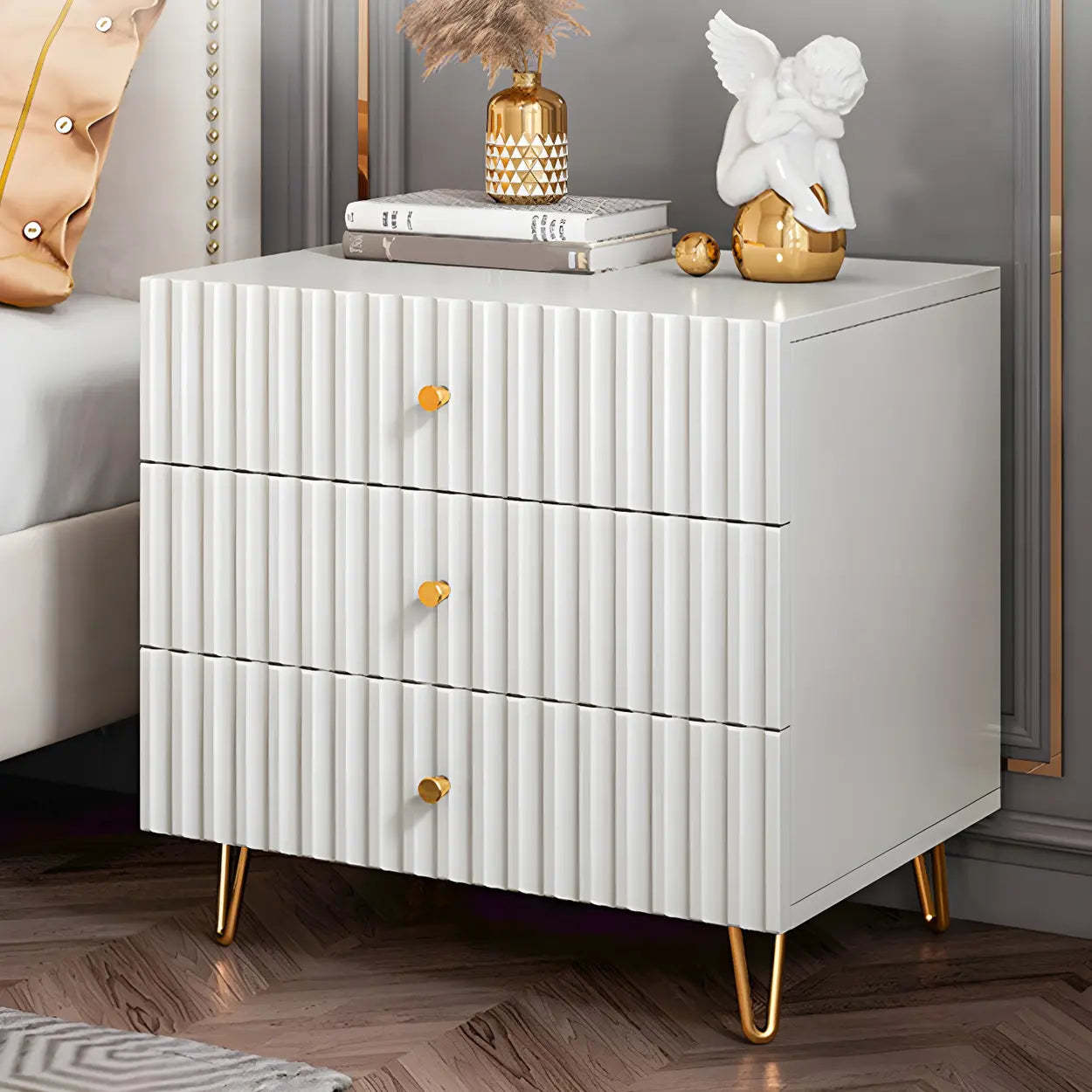 Glam Rectangular White Wood Nightstand with Storage Drawers