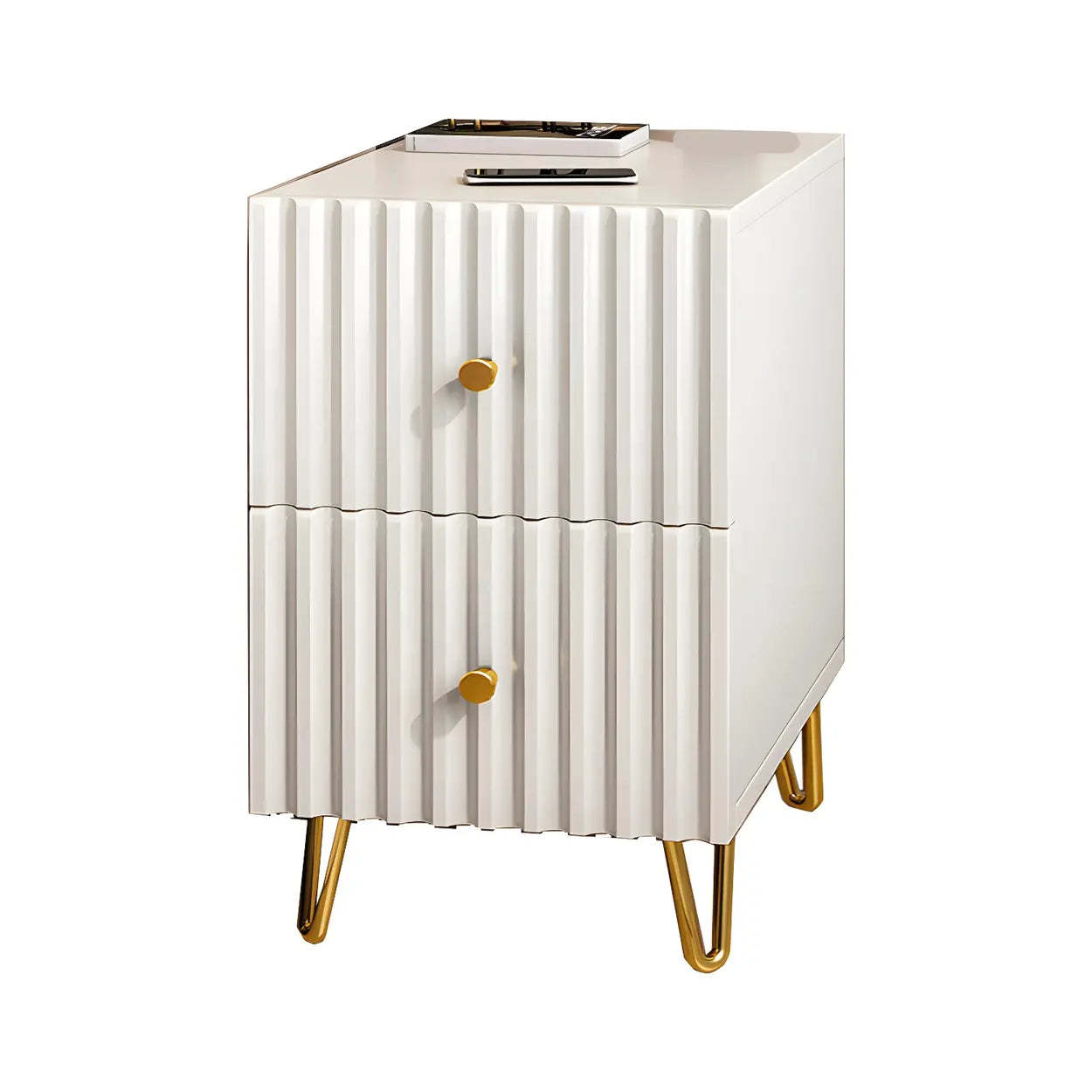 Glam Rectangular White Wood Nightstand with Storage Drawers