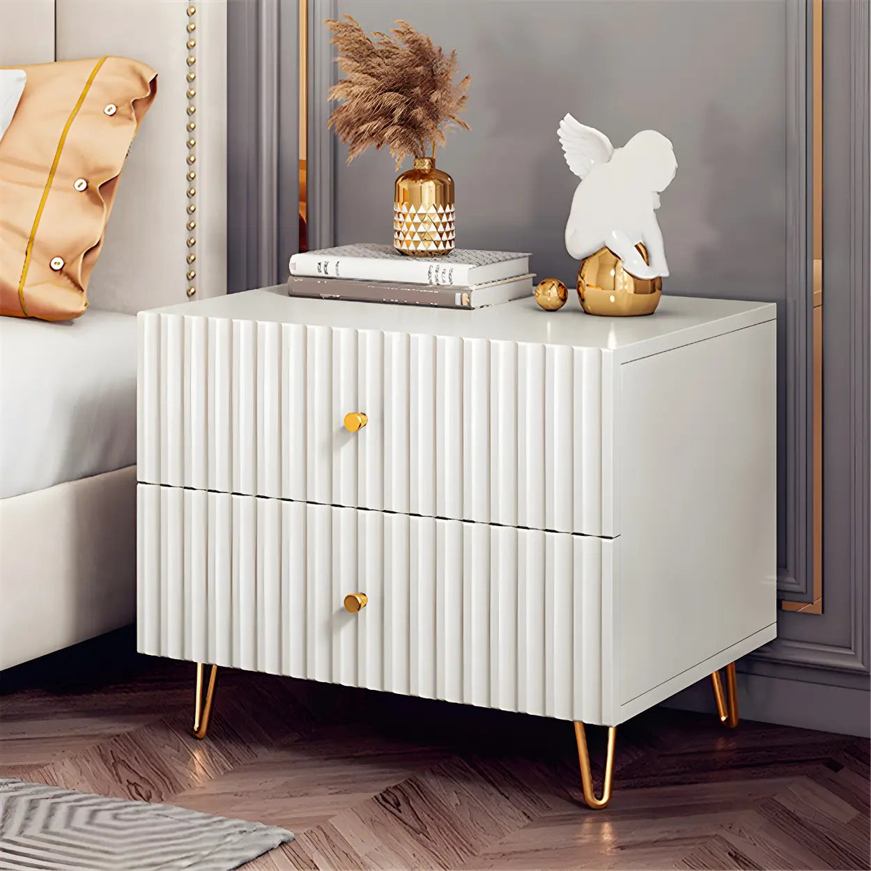 Glam Rectangular White Wood Nightstand with Storage Drawers — 2 Piece Set