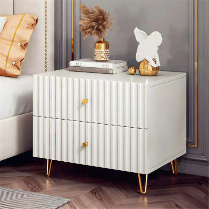 Glam Rectangular White Wood Nightstand with Storage Drawers — 2 Piece Set