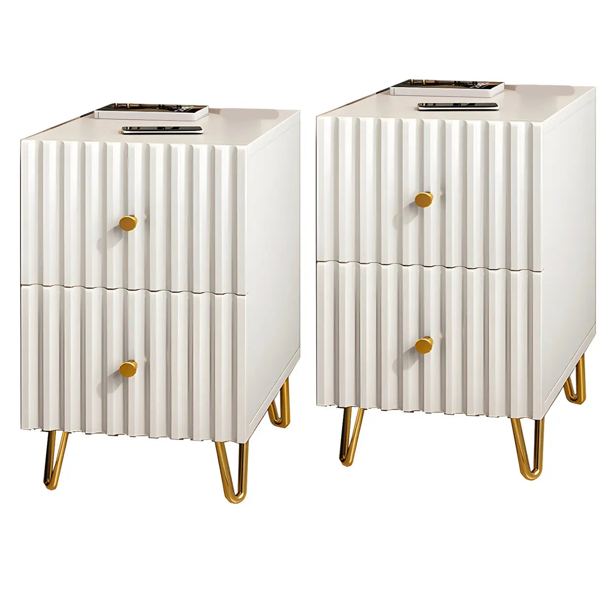 Glam Rectangular White Wood Nightstand with Storage Drawers — 2 Piece Set