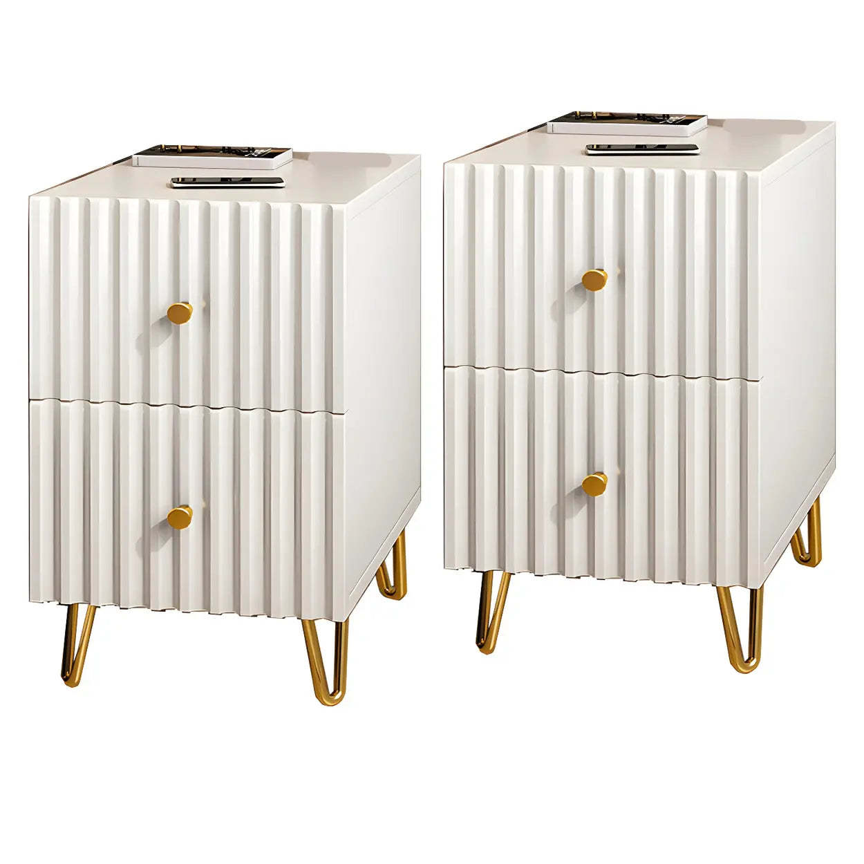 Glam Rectangular White Wood Nightstand with Storage Drawers — 2 Piece Set