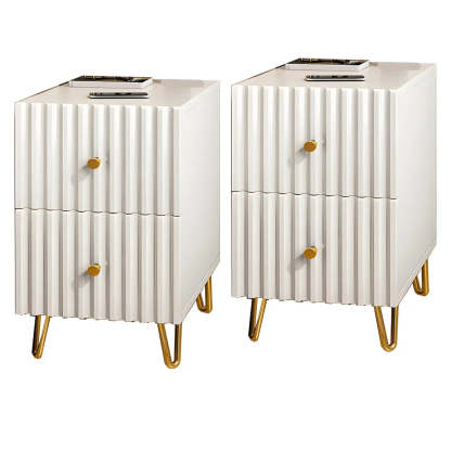 Glam Rectangular White Wood Nightstand with Storage Drawers — 2 Piece Set