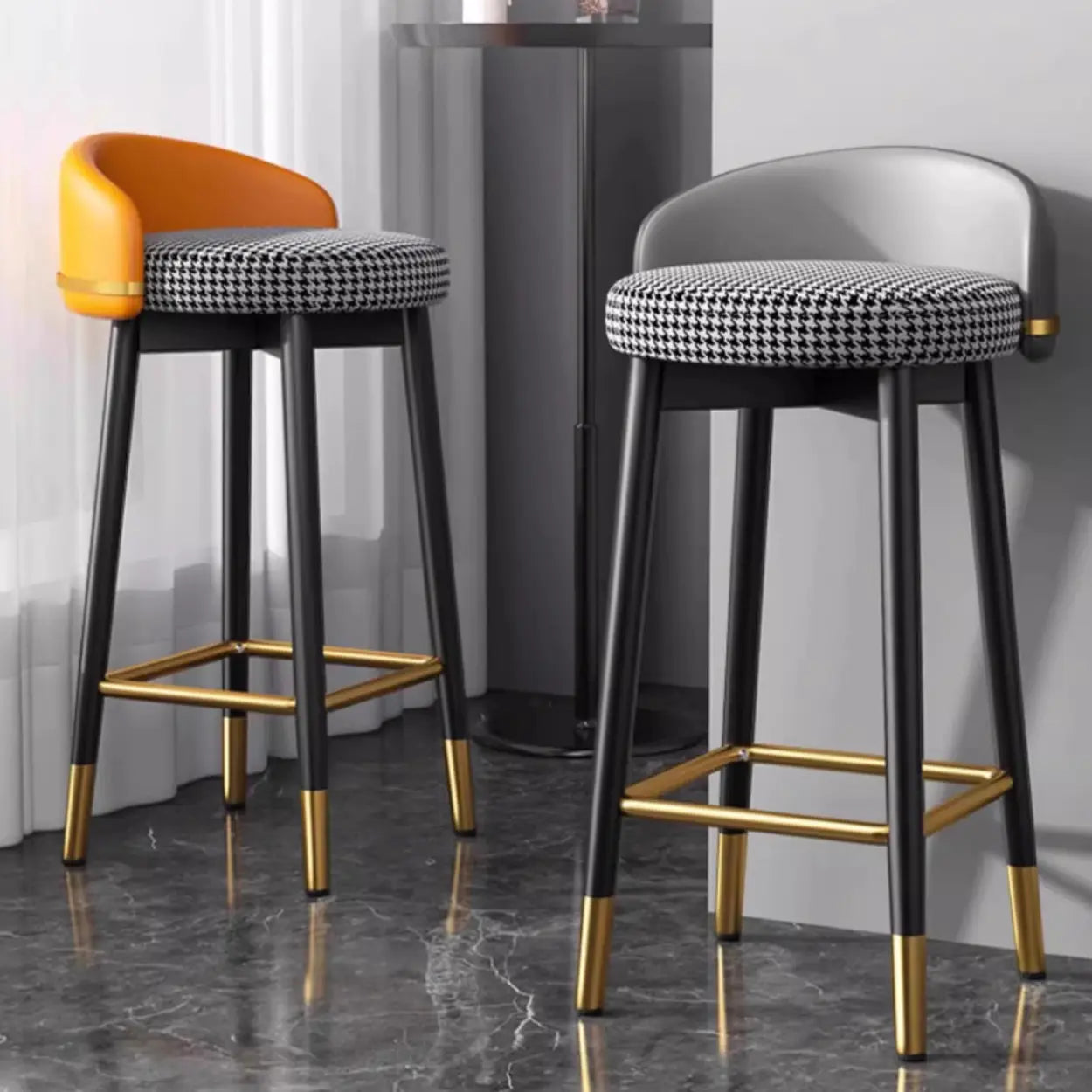 Glam Round Leather Bar Stool with Footrest — Gray/ Black