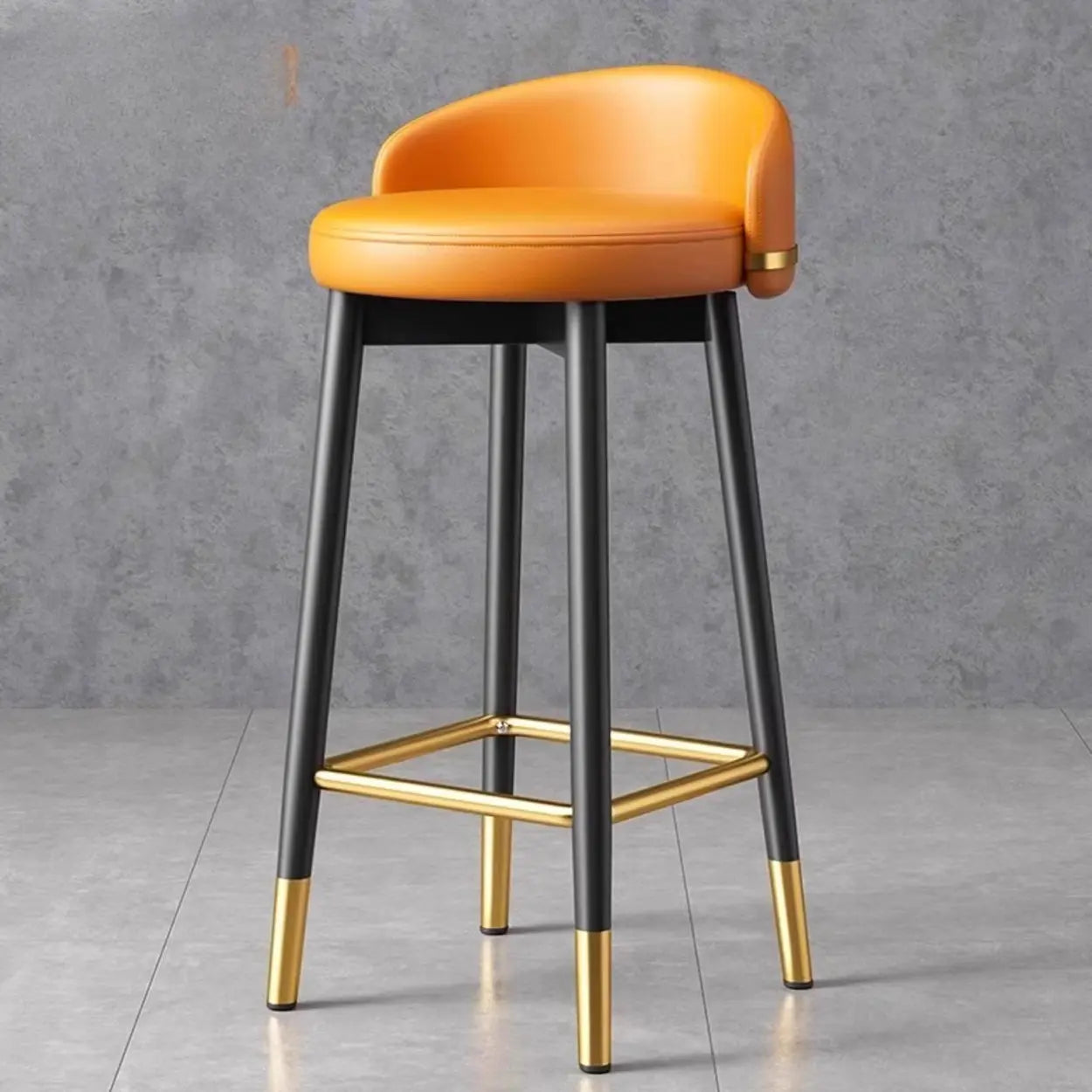 Glam Round Leather Bar Stool with Footrest — Orange/ Black
