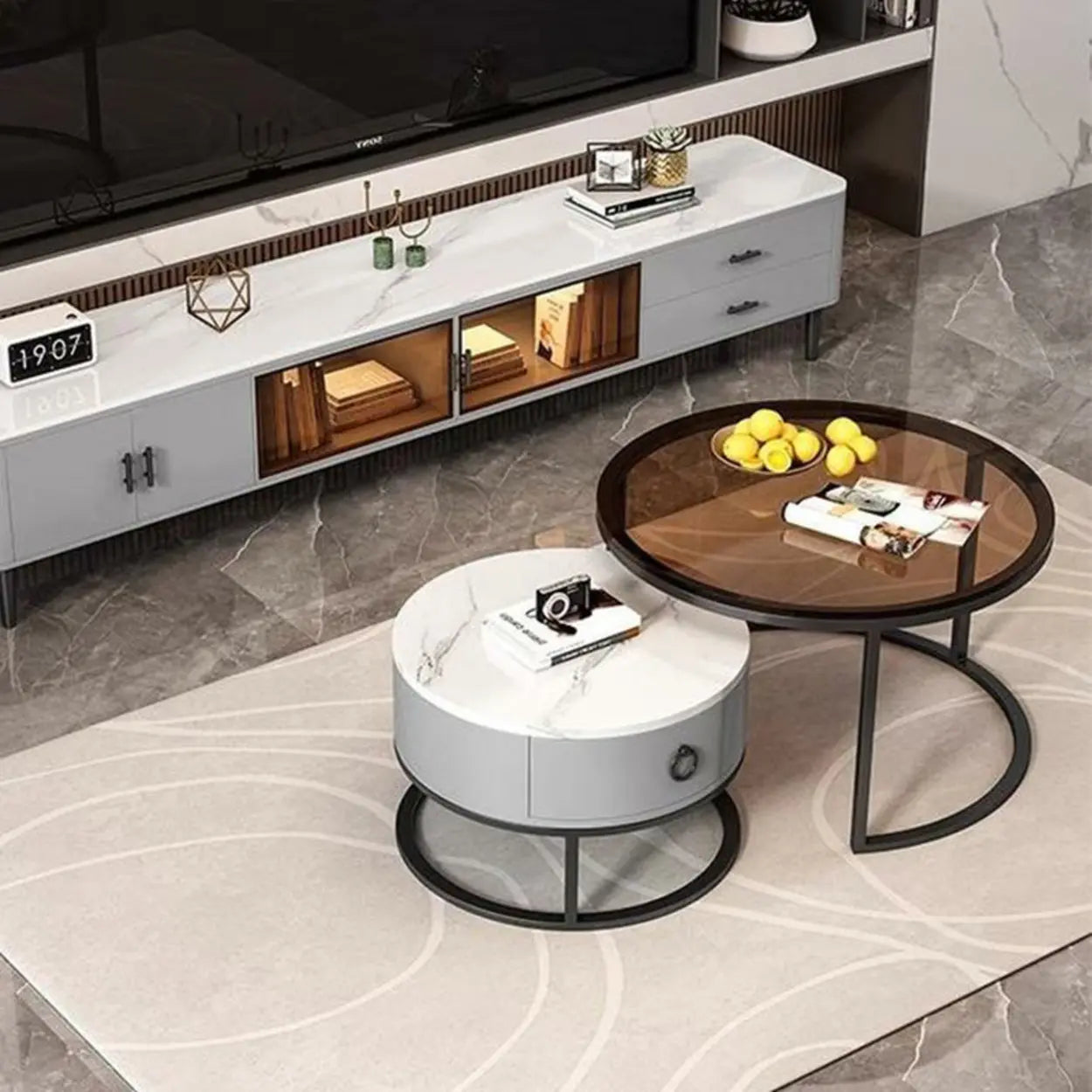Glam Round Stone Drawer Nesting Coffee Table