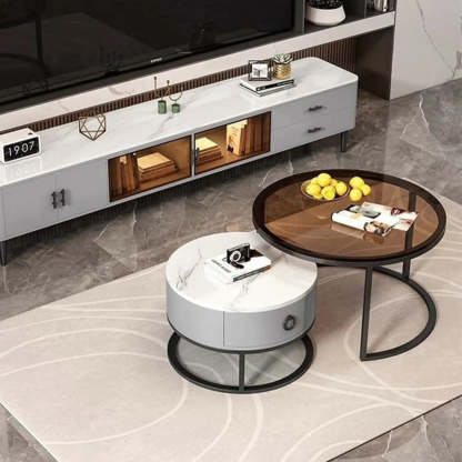 Glam Round Stone Drawer Nesting Coffee Table — Black / Grey/ White