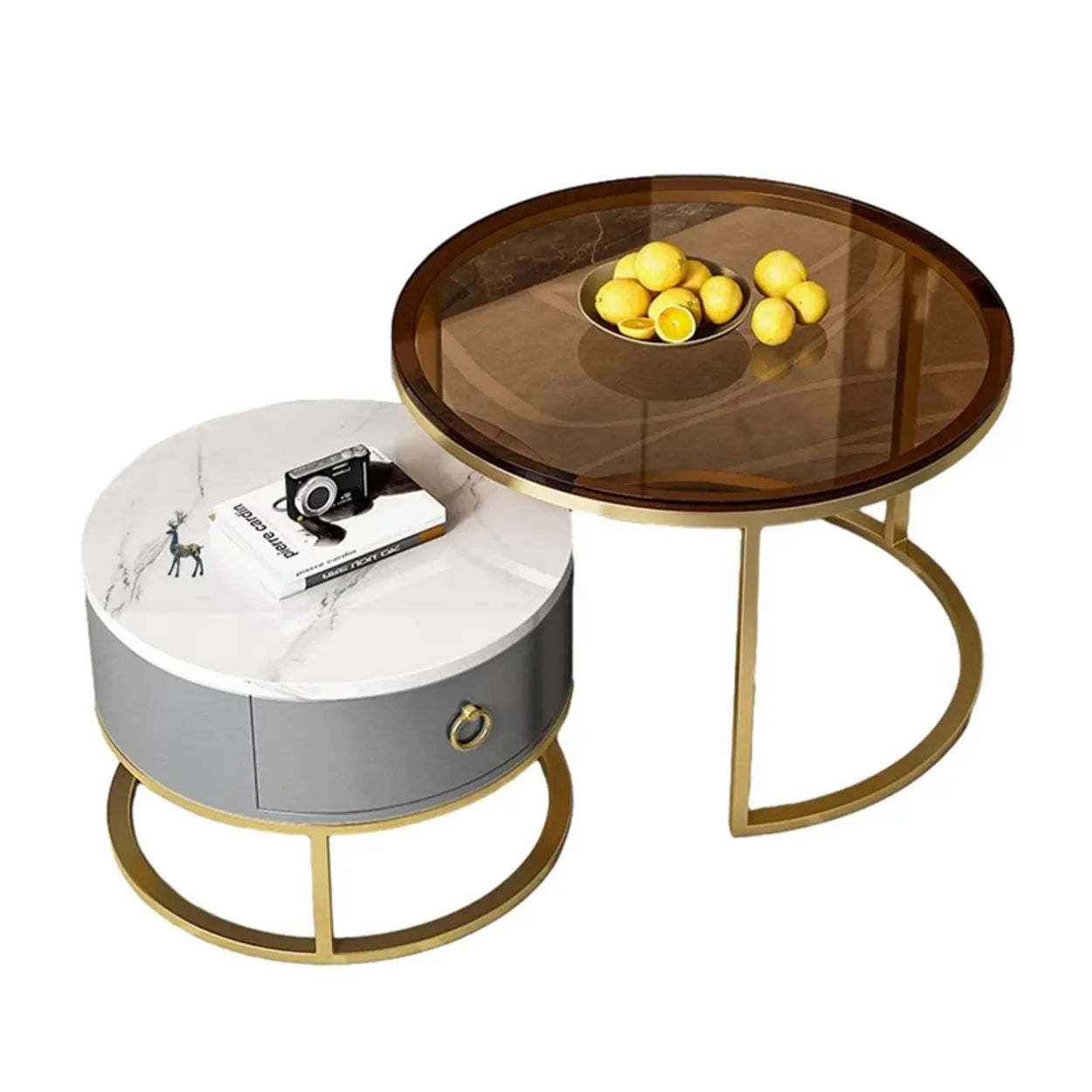 Glam Round Stone Drawer Nesting Coffee Table — Black / Tawny/ White