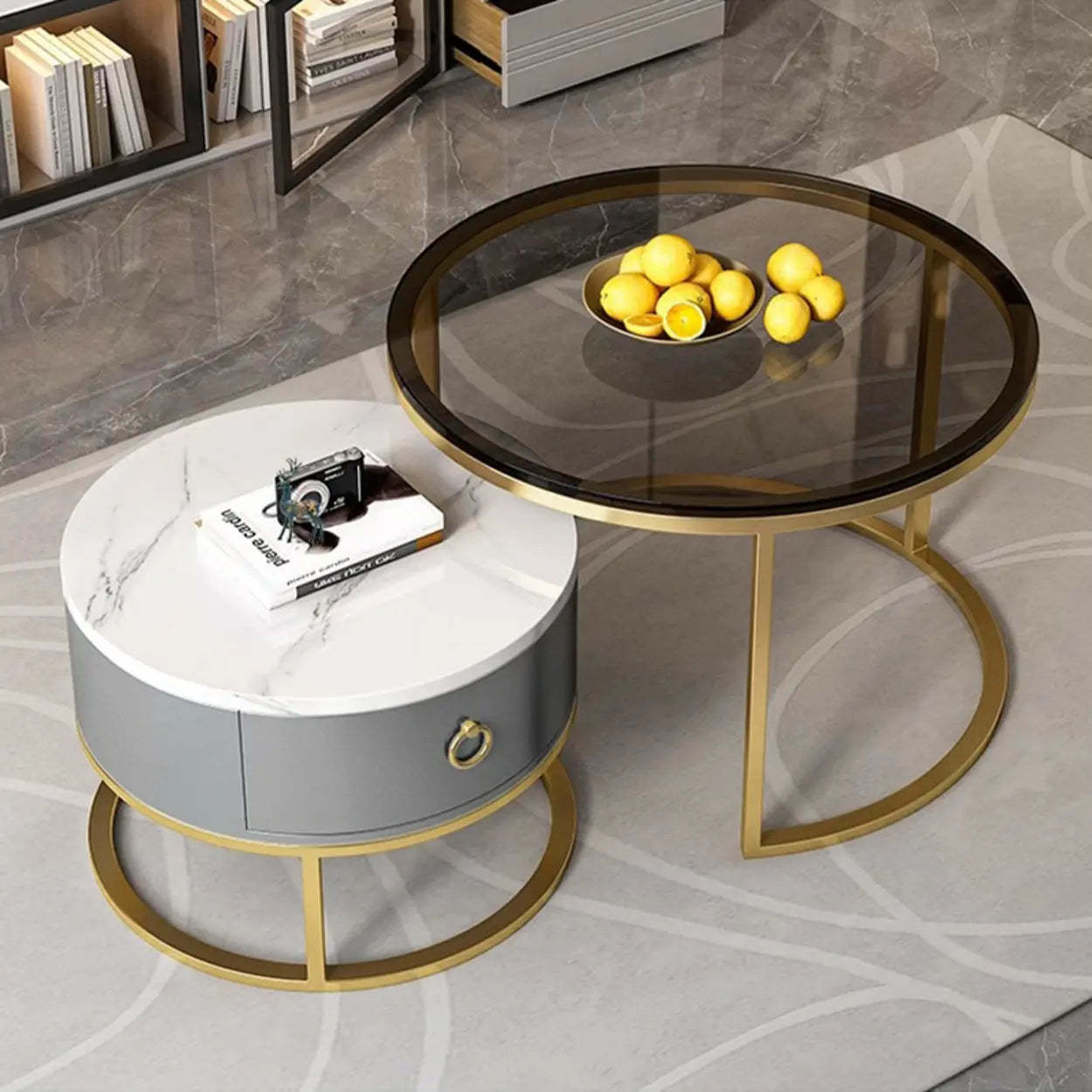 Glam Round Stone Drawer Nesting Coffee Table — Gold / Grey/ White