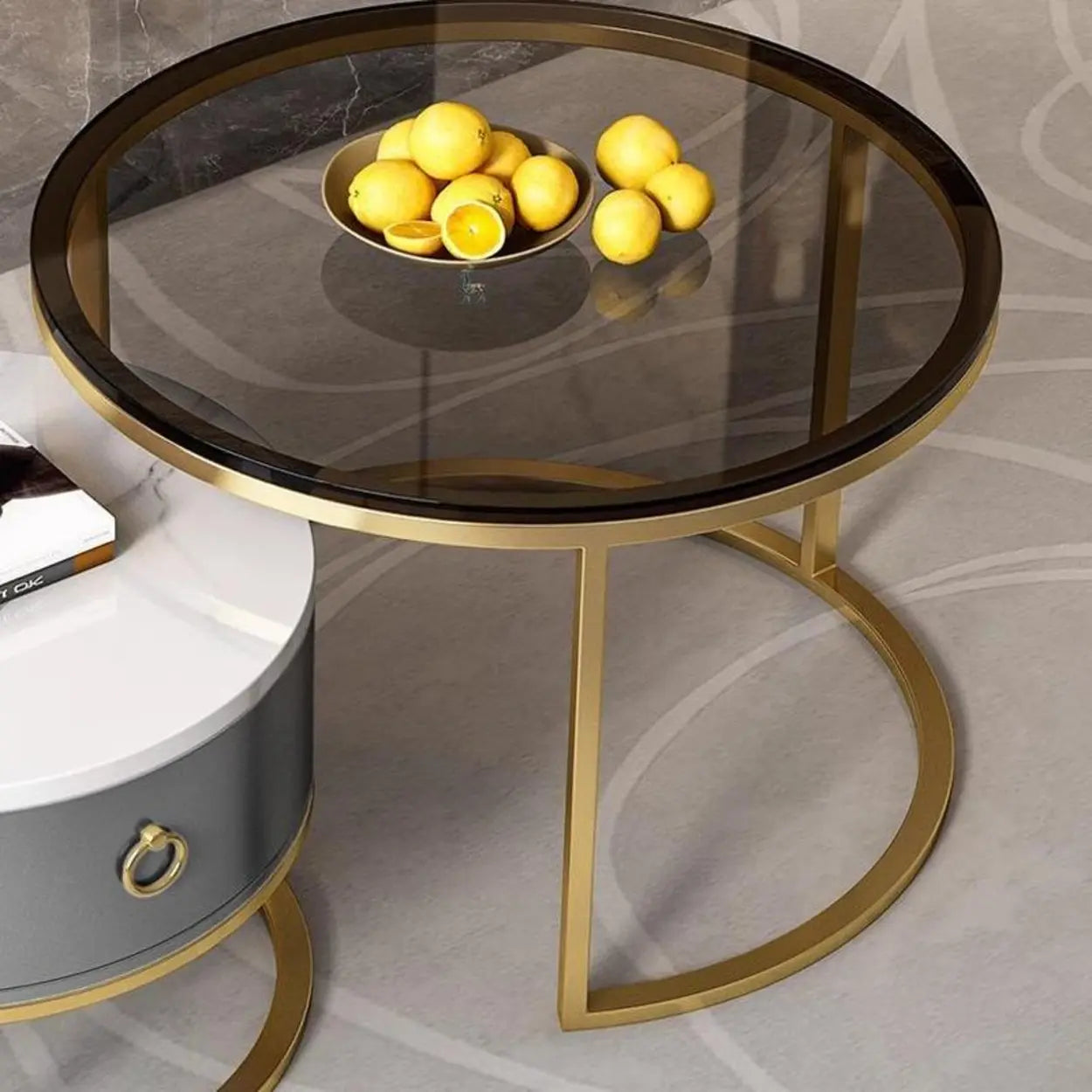 Glam Round Stone Drawer Nesting Coffee Table — Gold / Tawny/ White