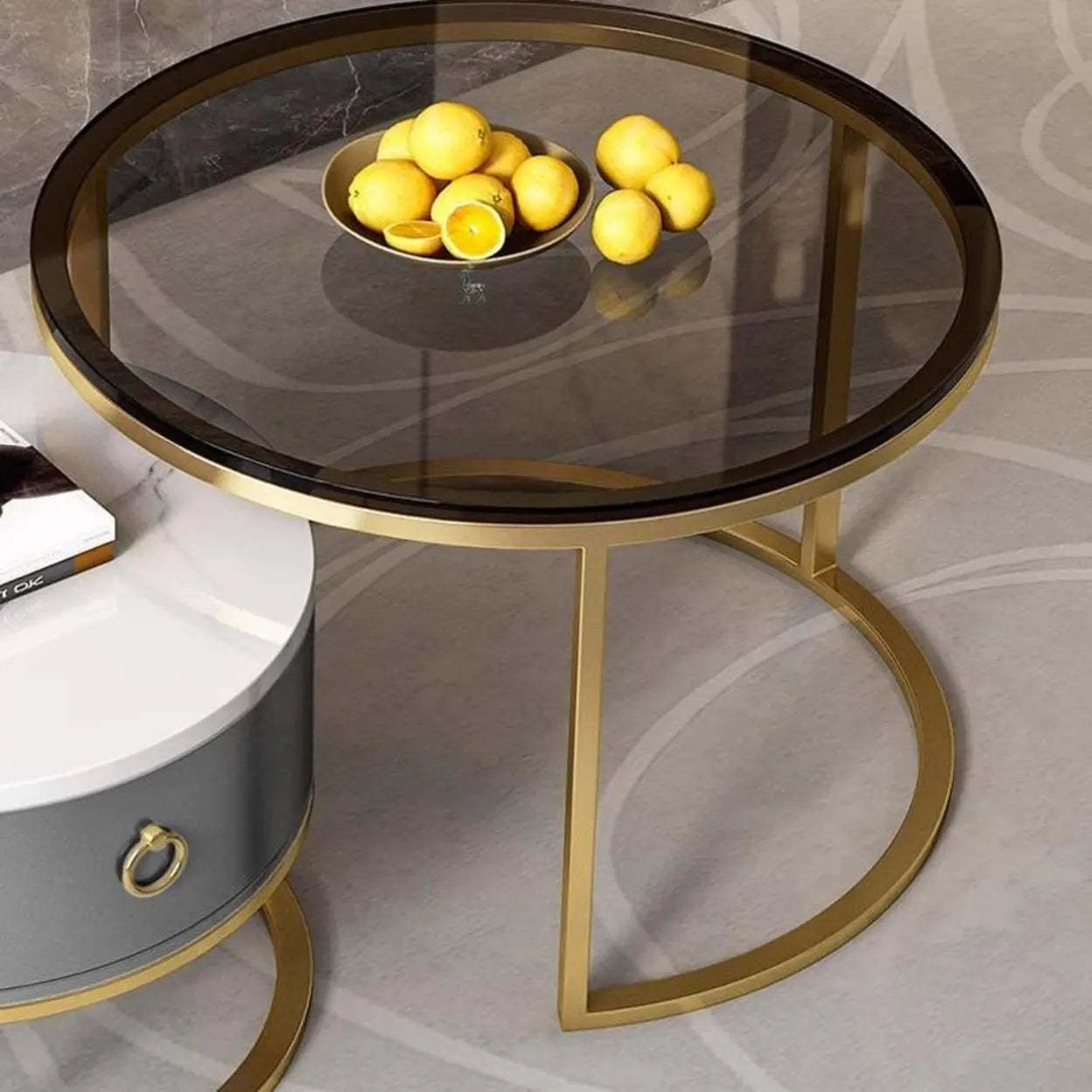 Glam Round Stone Drawer Nesting Coffee Table — Gold / Tawny/ White