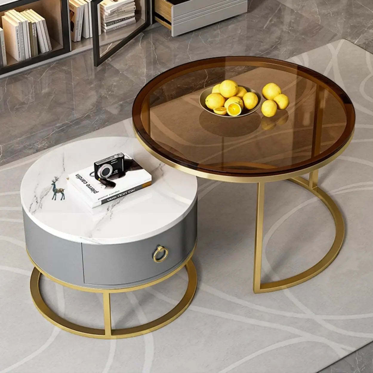 Glam Round Stone Drawer Nesting Coffee Table