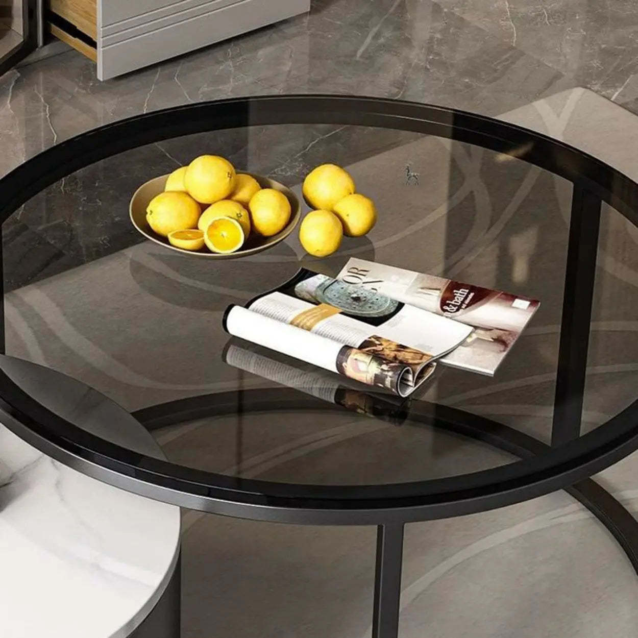 Glam Round Stone Drawer Nesting Coffee Table