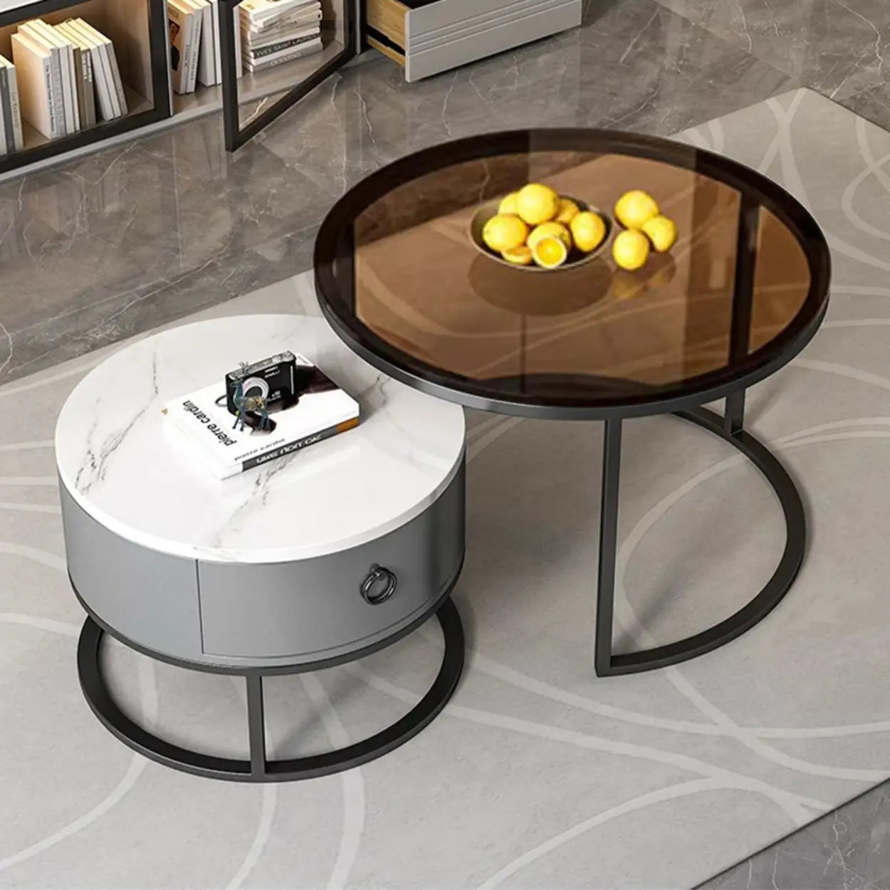 Glam Round Stone Drawer Nesting Coffee Table