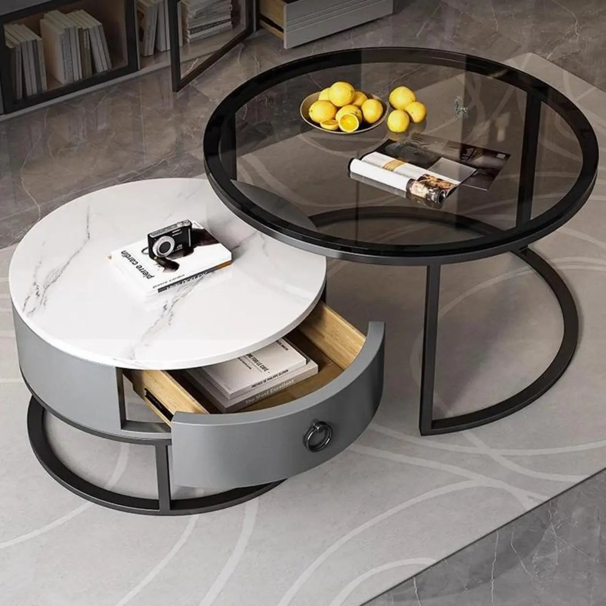 Glam Round Stone Drawer Nesting Coffee Table