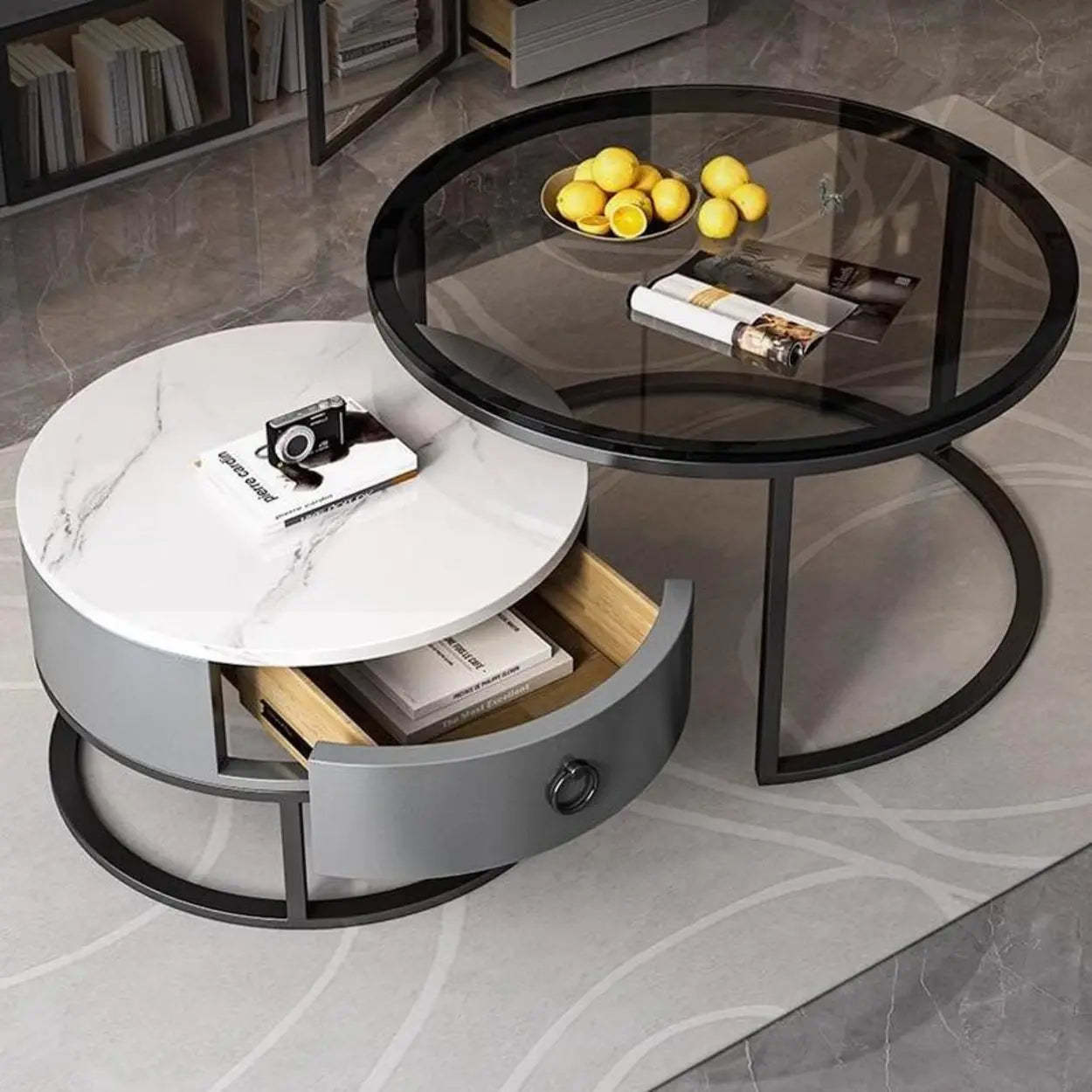 Glam Round Stone Drawer Nesting Coffee Table