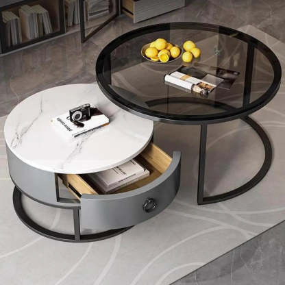 Glam Round Stone Drawer Nesting Coffee Table
