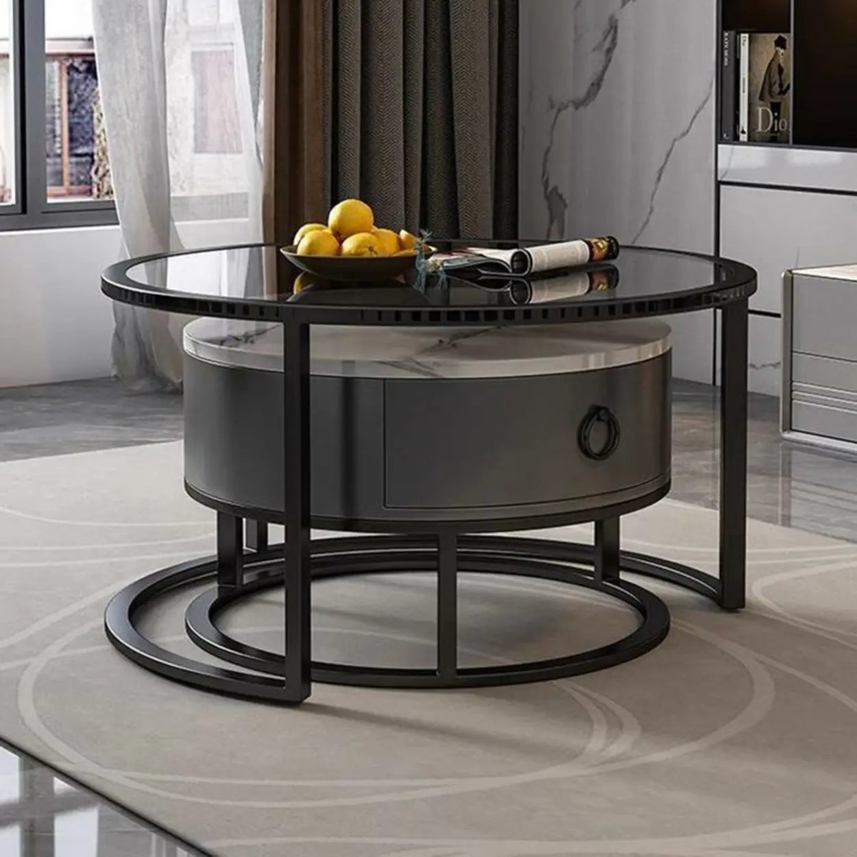 Glam Round Stone Drawer Nesting Coffee Table
