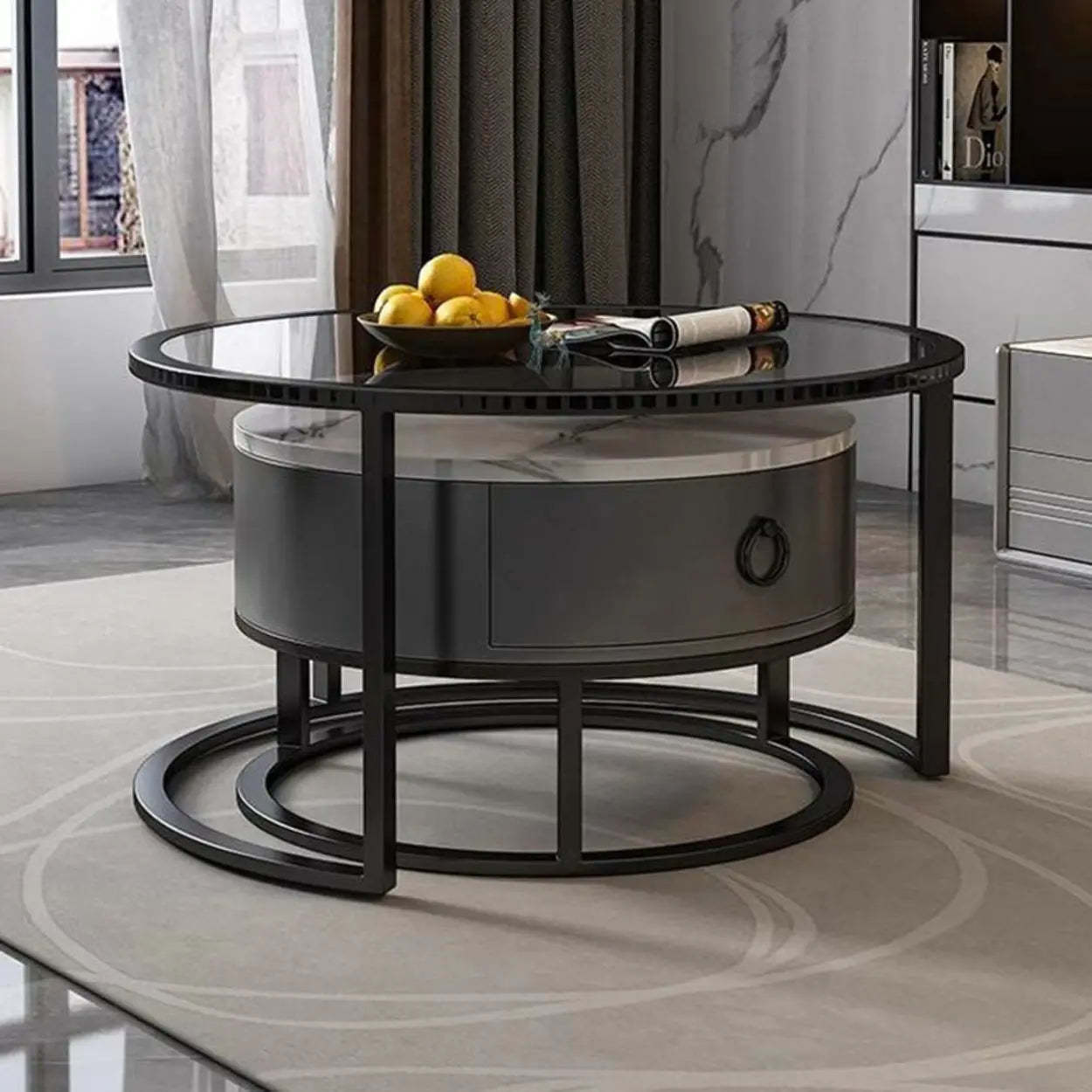 Glam Round Stone Drawer Nesting Coffee Table