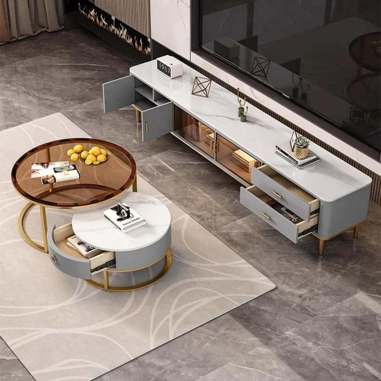 Glam Round Stone Drawer Nesting Coffee Table