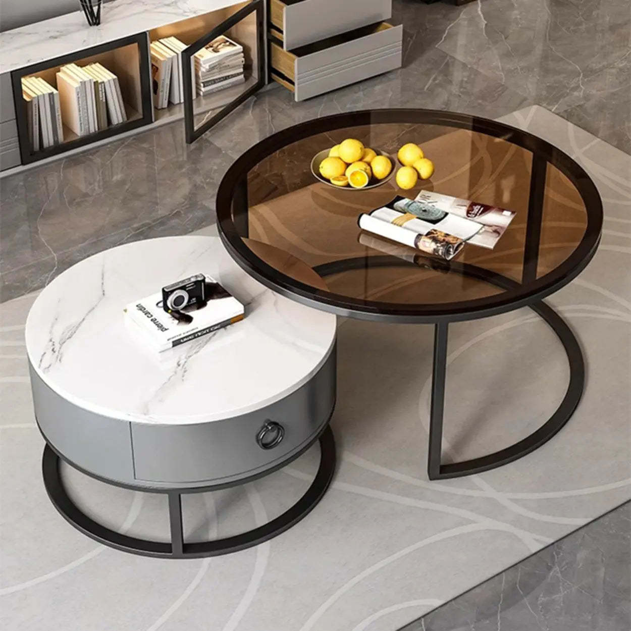Glam Round Stone Drawer Nesting Coffee Table — Black / Tawny/ White