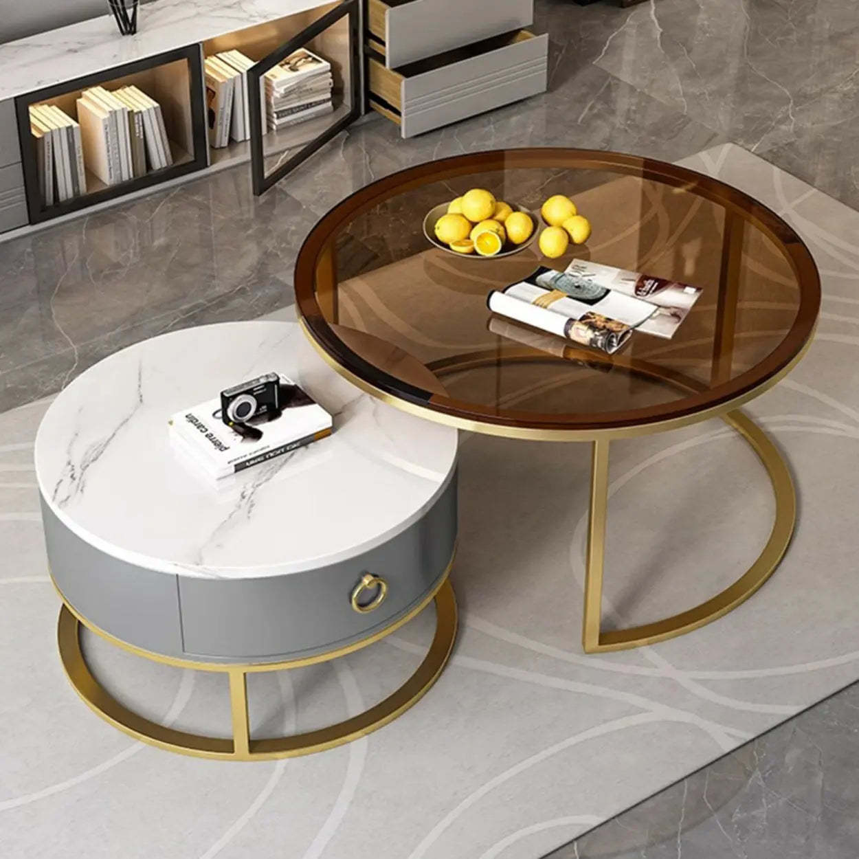 Glam Round Stone Drawer Nesting Coffee Table — Gold / Grey/ White