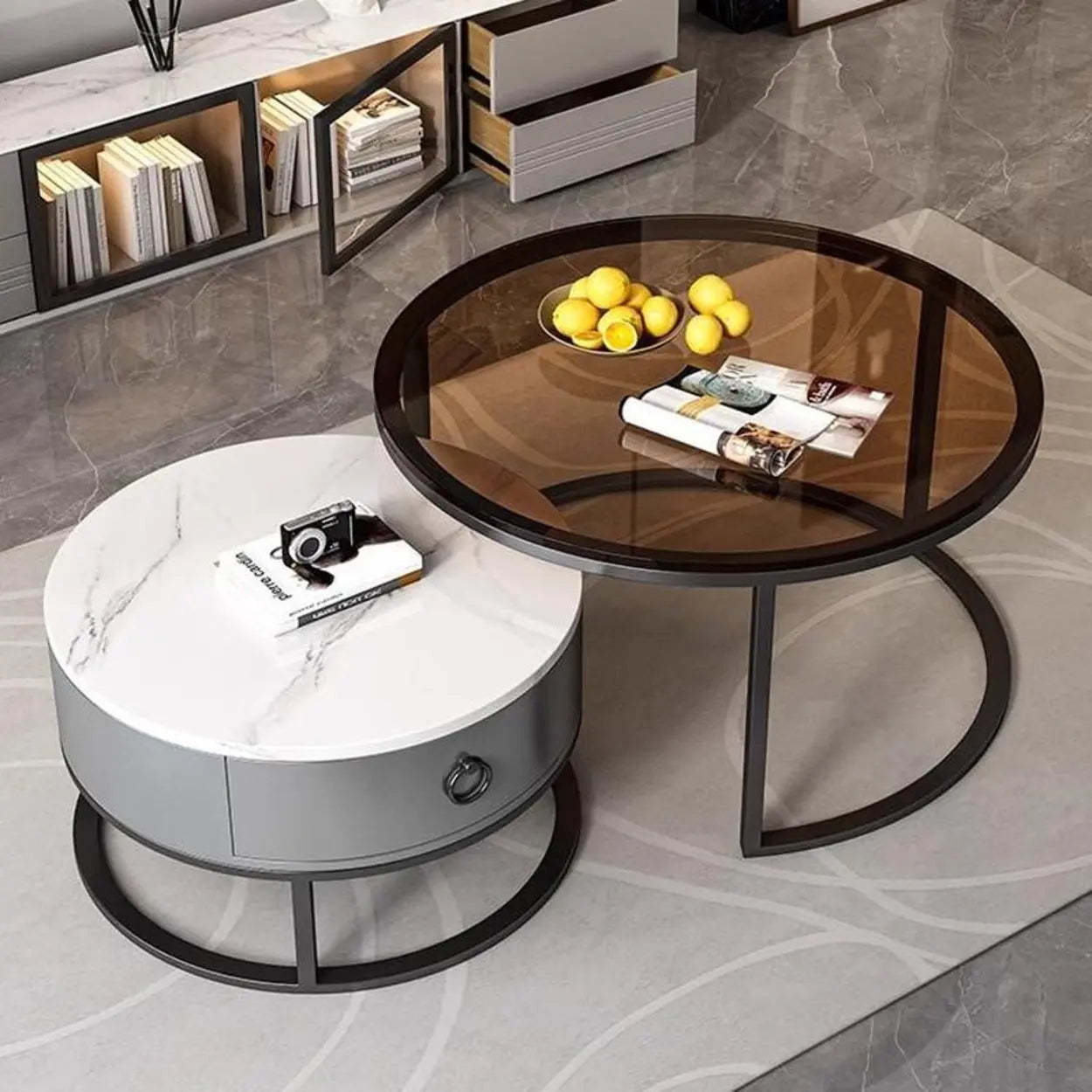 Glam Round Stone Drawer Nesting Coffee Table — Gold / Tawny/ White