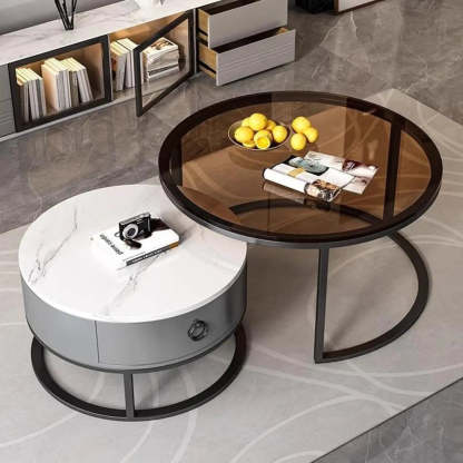 Glam Round Stone Drawer Nesting Coffee Table — Gold / Tawny/ White