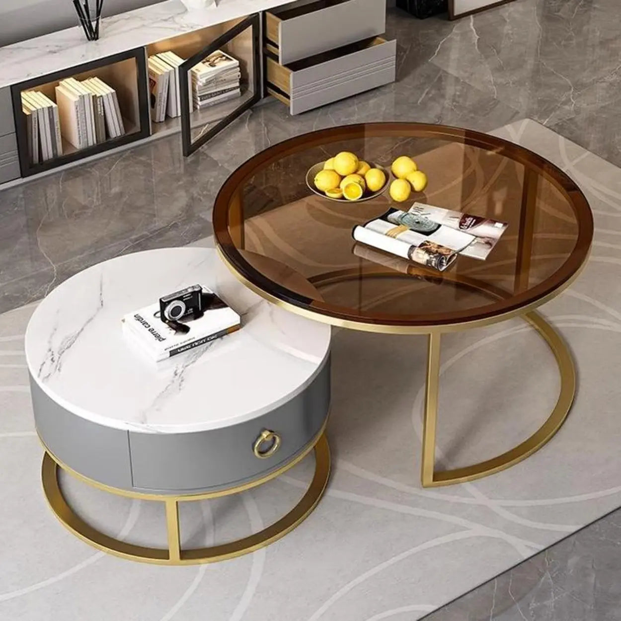 Glam Round Stone Drawer Nesting Coffee Table — Black / Grey/ White