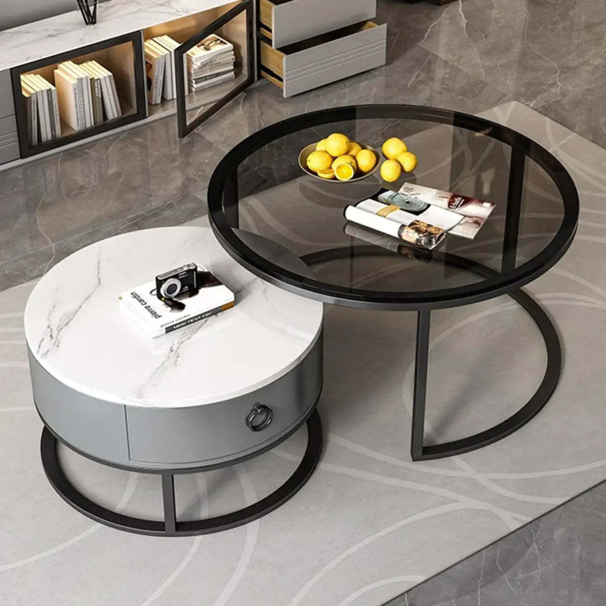 Glam Round Stone Drawer Nesting Coffee Table — Black / Tawny/ White