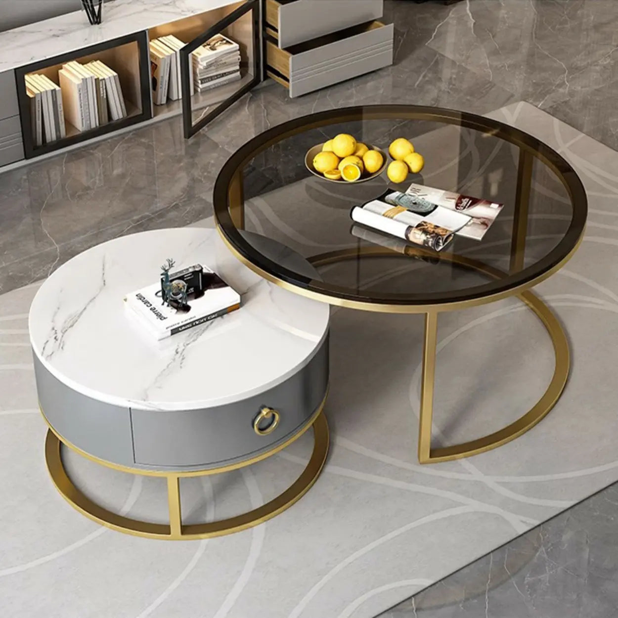 Glam Round Stone Drawer Nesting Coffee Table — Gold / Grey/ White