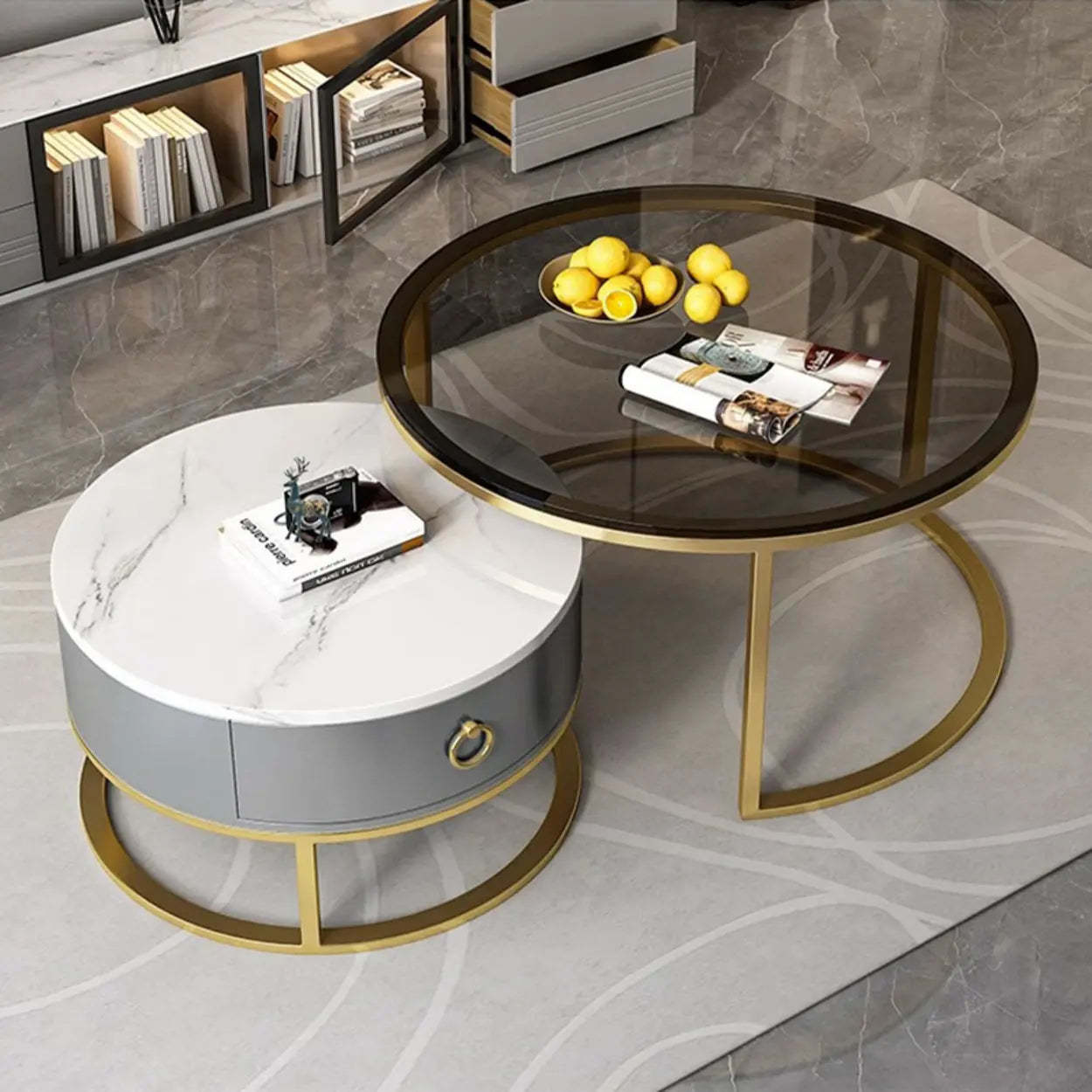 Glam Round Stone Drawer Nesting Coffee Table — Gold / Grey/ White