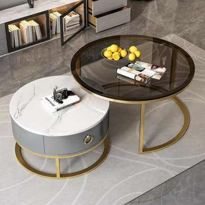 Glam Round Stone Drawer Nesting Coffee Table — Gold / Grey/ White