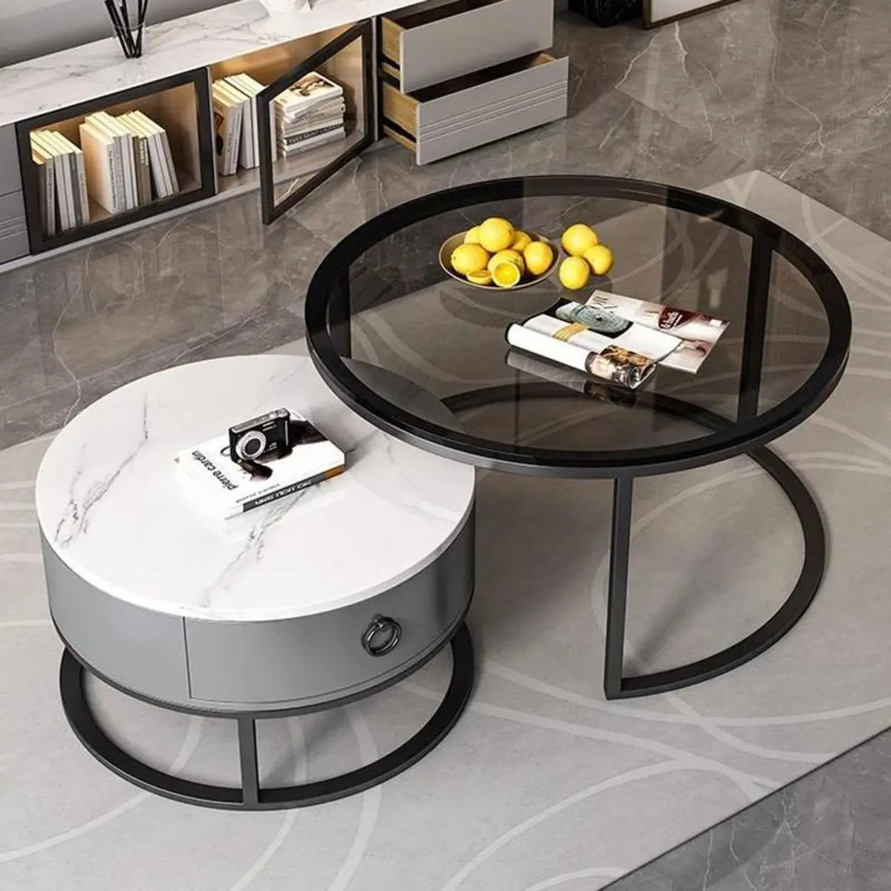 Glam Round Stone Drawer Nesting Coffee Table — Gold / Tawny/ White